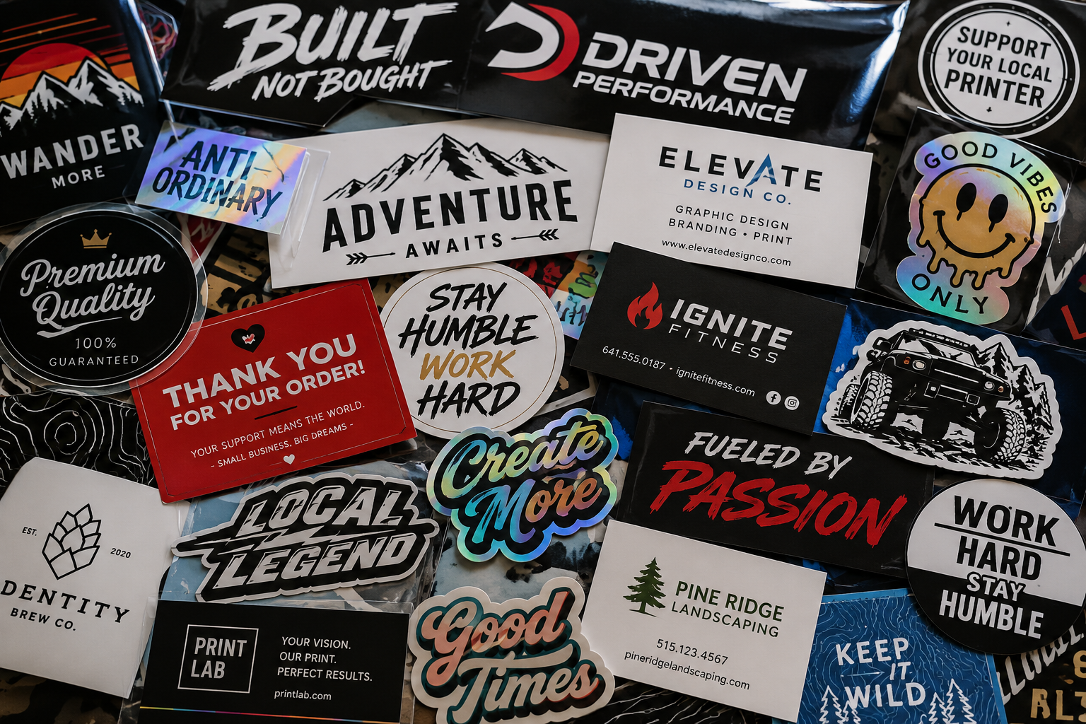 A collection of various motivational and branding stickers, including phrases like "Built Not Bought," "Adventure Awaits," "Stay Humble Work Hard," "Create More," "Fueled by Passion," and others, with diverse designs, colors, and graphics such as mountains and smiley faces.