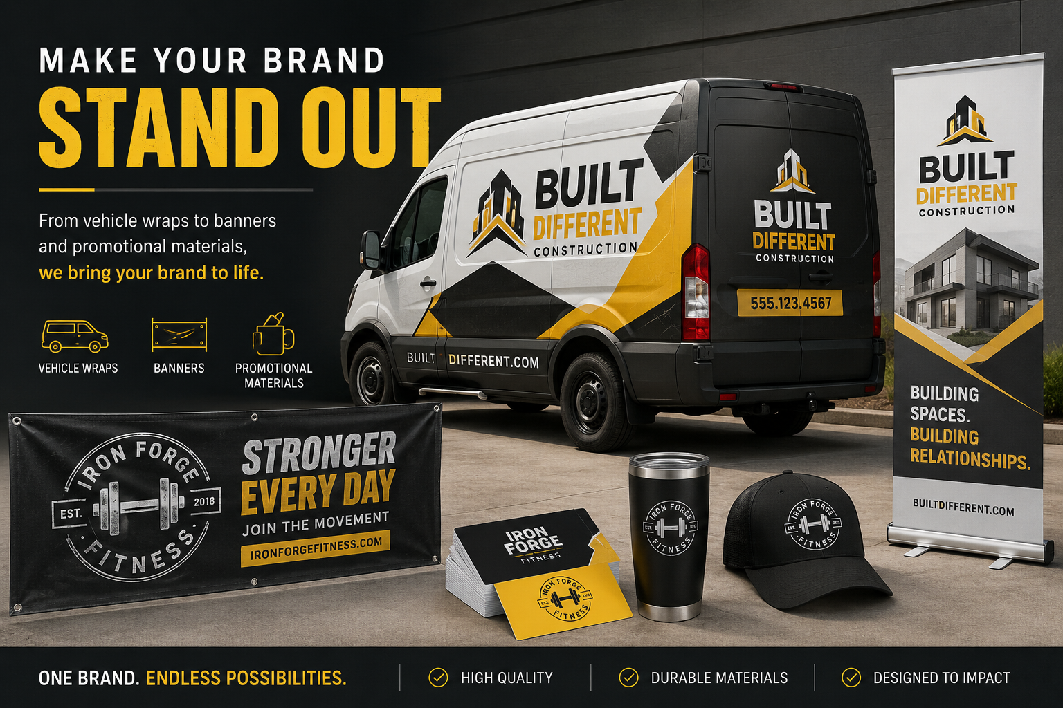 A promotional display for branding and marketing materials from Built Different Construction. The setup includes a branded van, banners, brochures, a cap, a tumbler, and other promotional items. The background features a large sign with messaging about making brands stand out, vehicle wraps, banners, and promotional materials. The scene emphasizes branding for construction businesses with a focus on high-quality, durable, and impactful materials.