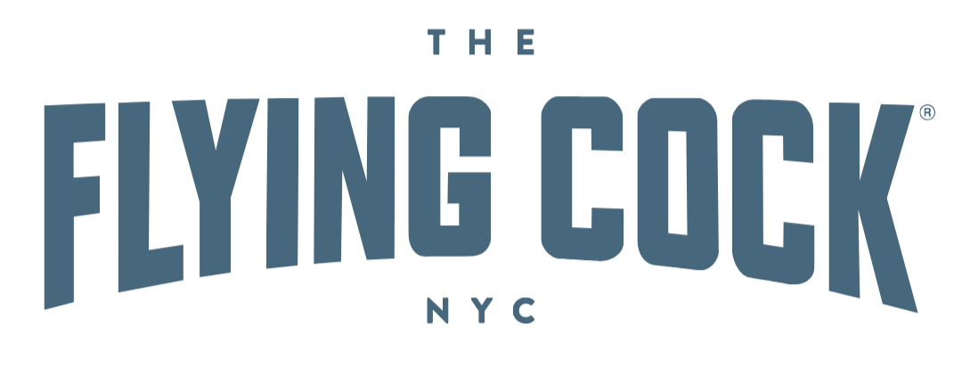 Logo for The Flying Cock NYC in blue text with a stylized font.