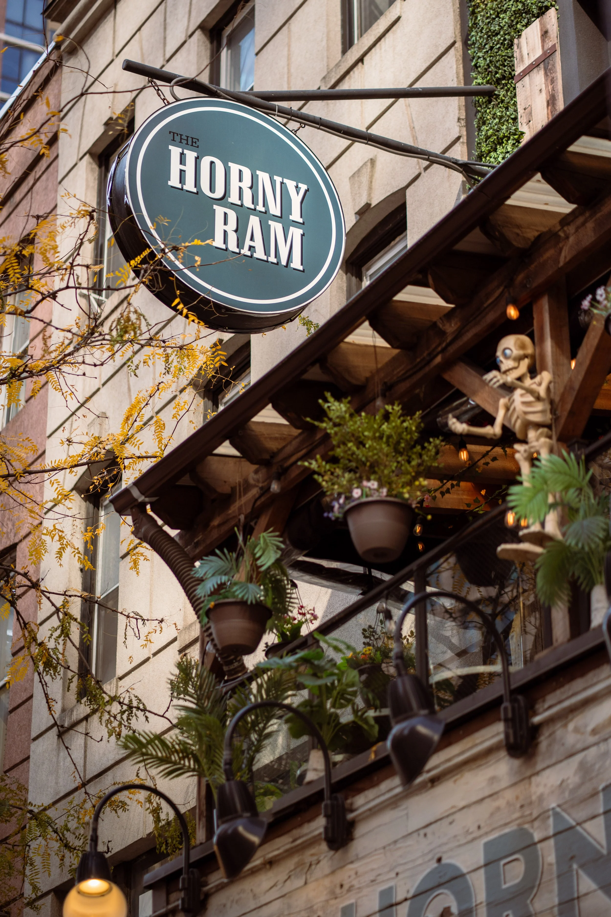 City building with a hanging sign that reads 'The Horny Ram'. The sign is round and dark blue with white lettering, attached to the building by metal brackets. In front of the building, there are potted plants, decorative string lights, and a hanging skeleton decoration. The building has a rustic wooden exterior and large windows.