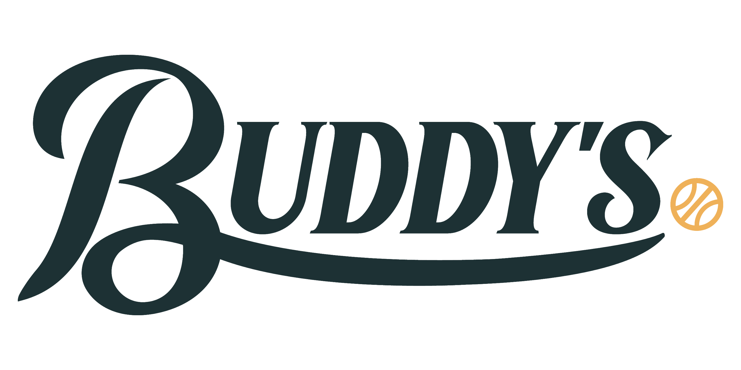 Logo for Rudy's, featuring stylized text with a small orange circle with black lines.