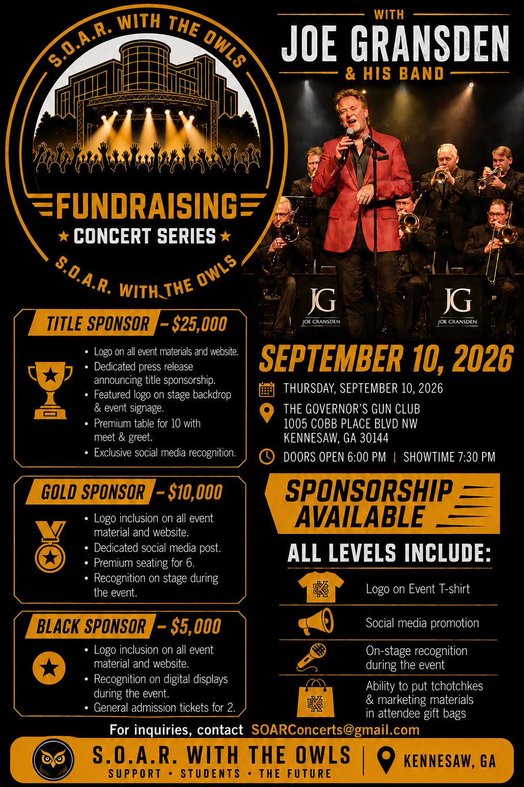 Poster promoting a fundraising concert series featuring Joe Gransden and his band on September 10, 2026, at The Governor's Gun Club in Kennesaw, Georgia. The poster includes event details, sponsorship options, logo sponsorship benefits, and a photo of Joe Gransden performing with his band.