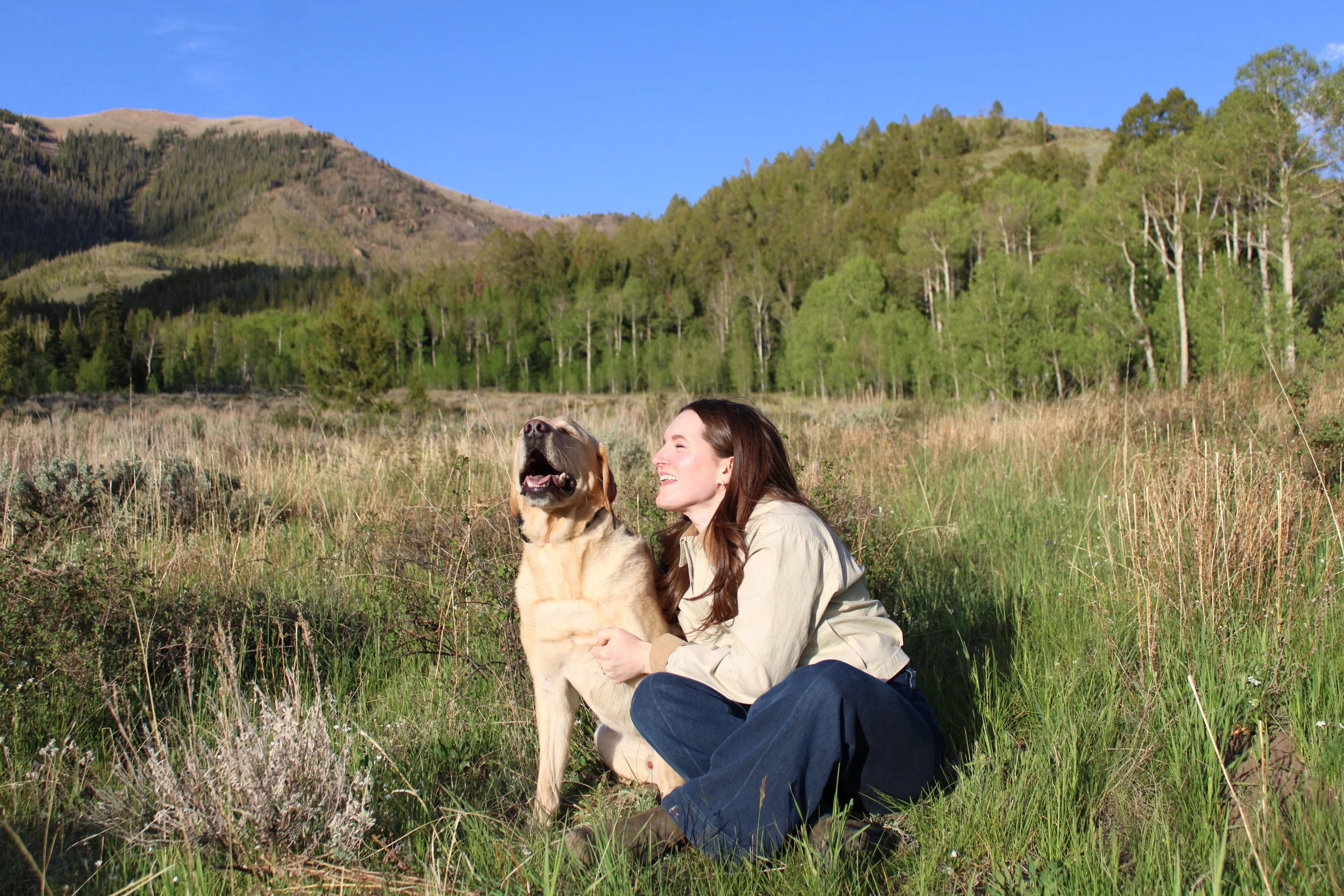 Laura Landrum, EMDR therapist in Summit County, Colorado, sitting on the grass with a large dog, surrounded by green trees and mountain views.