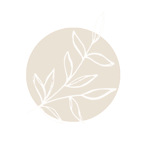 White line drawing of a leafy branch in front of a beige circle background.