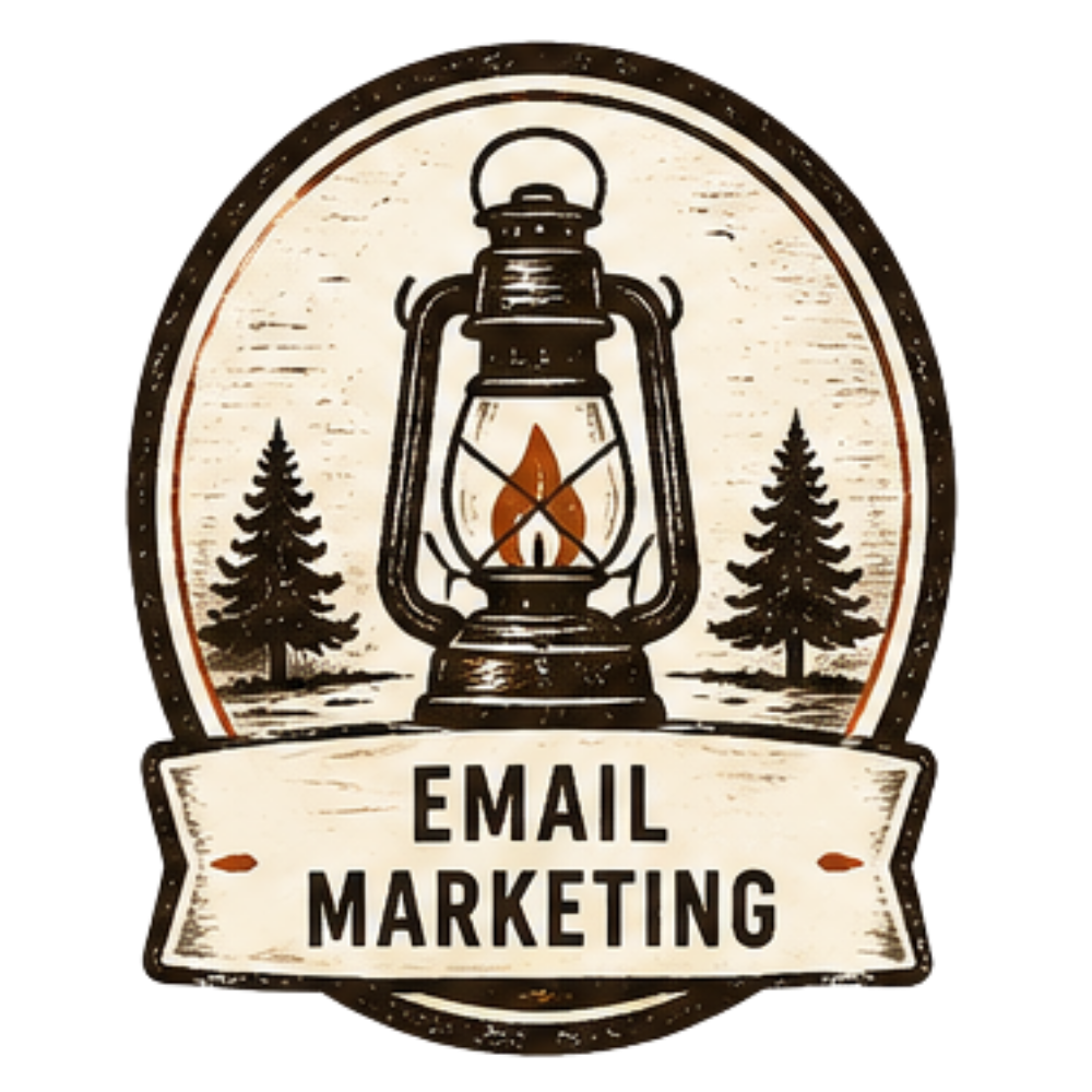 A rustic logo with a vintage oil lantern at the center, flanked by two pine trees, and a banner below reading 'Email Marketing', a digital marketing service offered by Maplewood Marketing.  Northwoods businesses find this service to be popular.