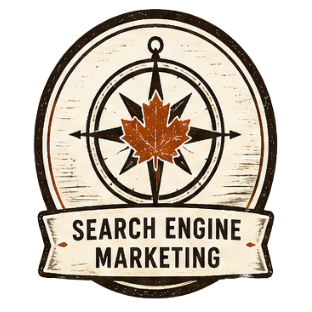 A vintage-style badge featuring a compass rose with a brown maple leaf in the center and the words "Search Engine Marketing" on a banner at the bottom, also known as SEM. Digital Marketing Service offered by Maplewood Marketing.