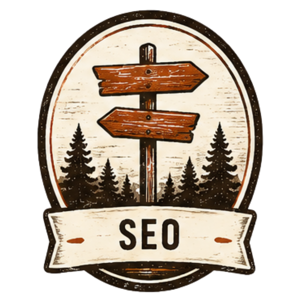 An outdoor rustic signpost with two wooden directional arrows set against a forested background with pine trees and a cloudy sky, with a banner below reading 'SEO' for Search Engine Optimization services offered by Maplewood Marketing.