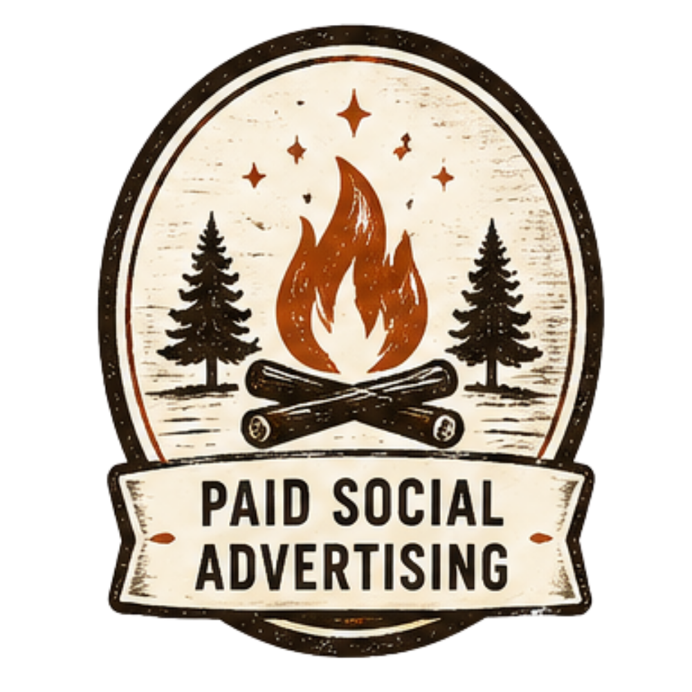 A rustic badge featuring a campfire with flames, two pine trees, stars, and the text 'Paid Social Advertising' in bold letters.  This is also known as Social Media Marketing, a digital service offered by Maplewood Marketing.