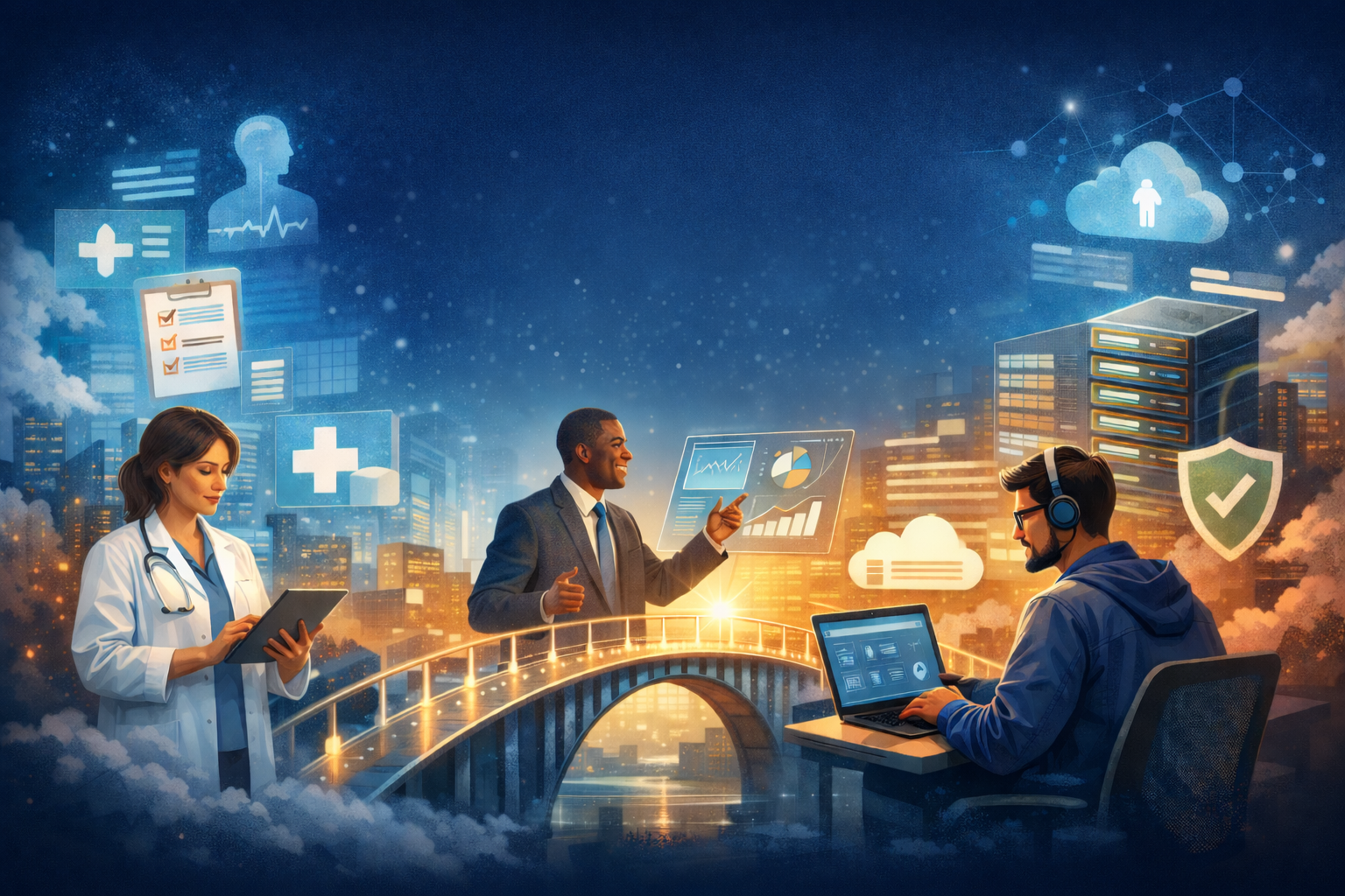 Futuristic digital healthcare and data analysis scene with medical professionals and technology in a city skyline.