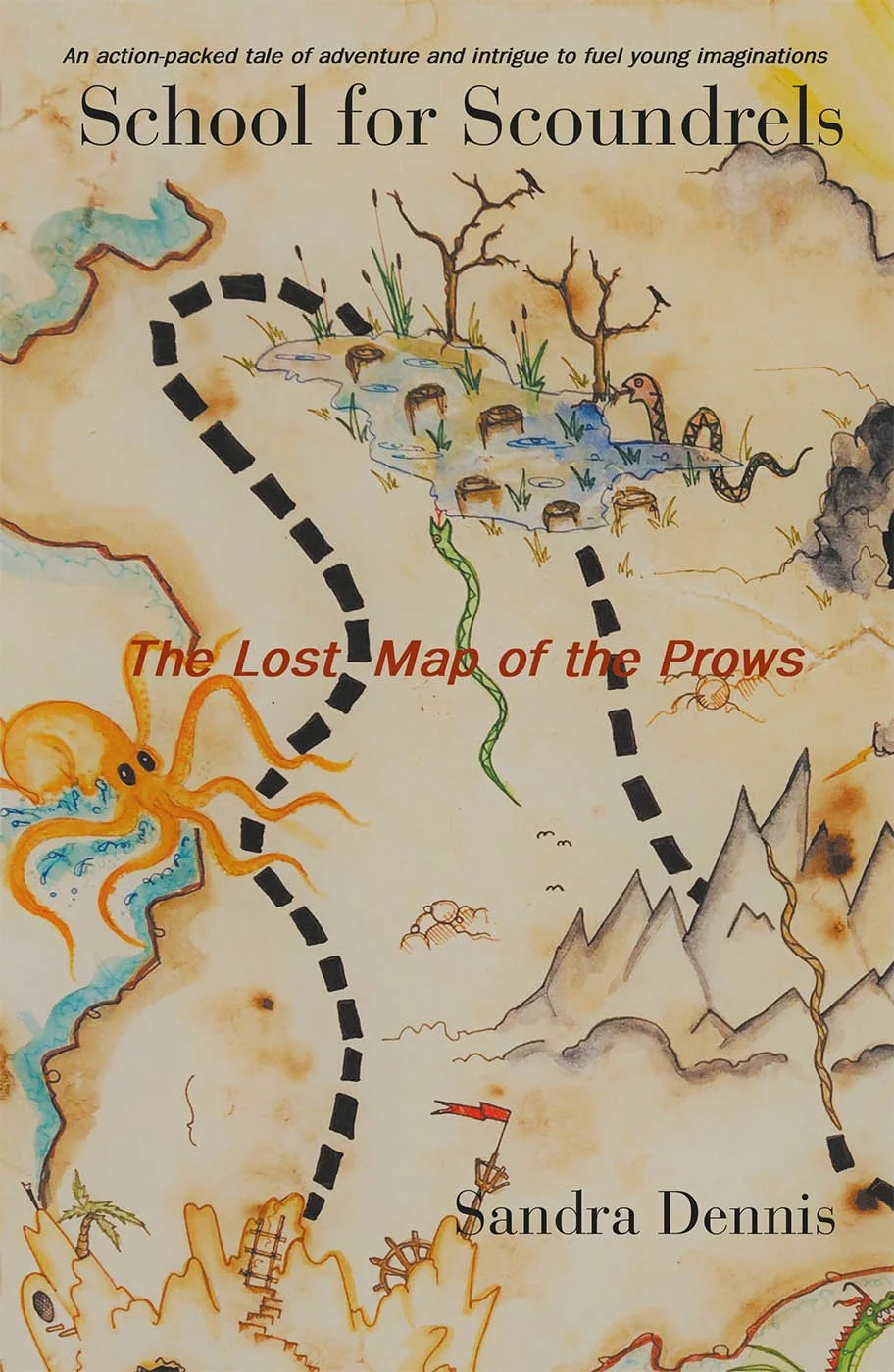 Book cover titled "School for Scoundrels" with a whimsical, illustrated map featuring a stream, trees, mountains, an octopus, a snake, and a flag, surrounded by a beige background.