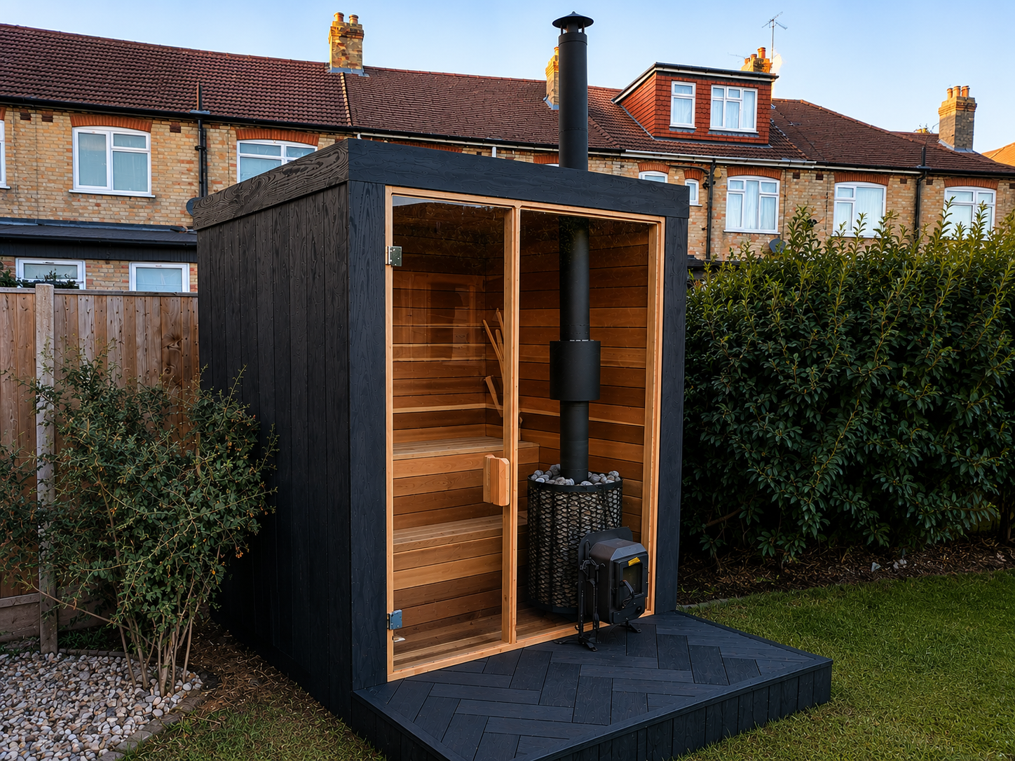 A modern outdoor sauna with a black exterior, wooden interior, and a black stove with stones inside. The sauna is situated in a backyard with a wooden fence and bushes, with red-brick houses in the background.