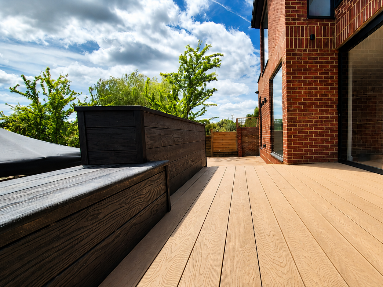 A modern outdoor balcony with light wood decking, black and natural wood planters, and a nearby brick building with large glass windows. Green trees and a partly cloudy sky are visible in the background.
