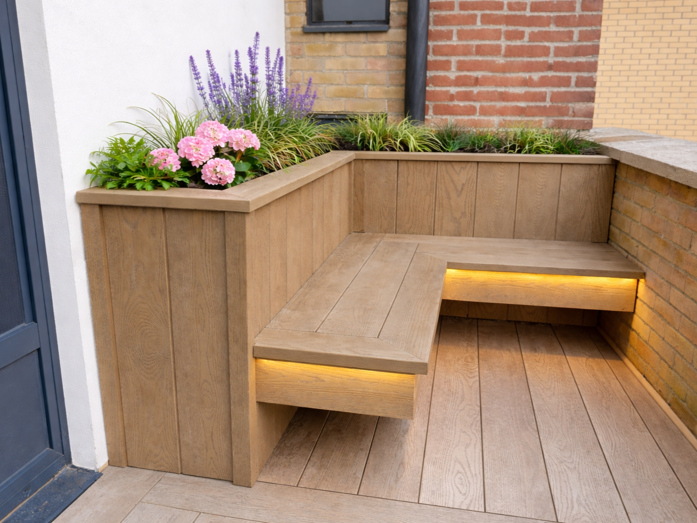 A built-in wooden bench with lighting underneath, adjacent to a garden bed with pink and purple flowers and green foliage, against brick and white walls.