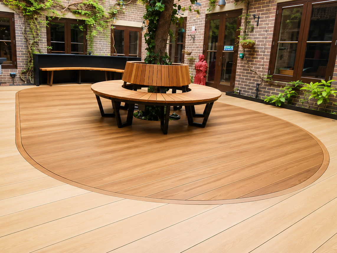 Indoor patio with a curved wooden deck, a circular wooden bench around a tree, and brick walls with windows, plants, and decorative elements.