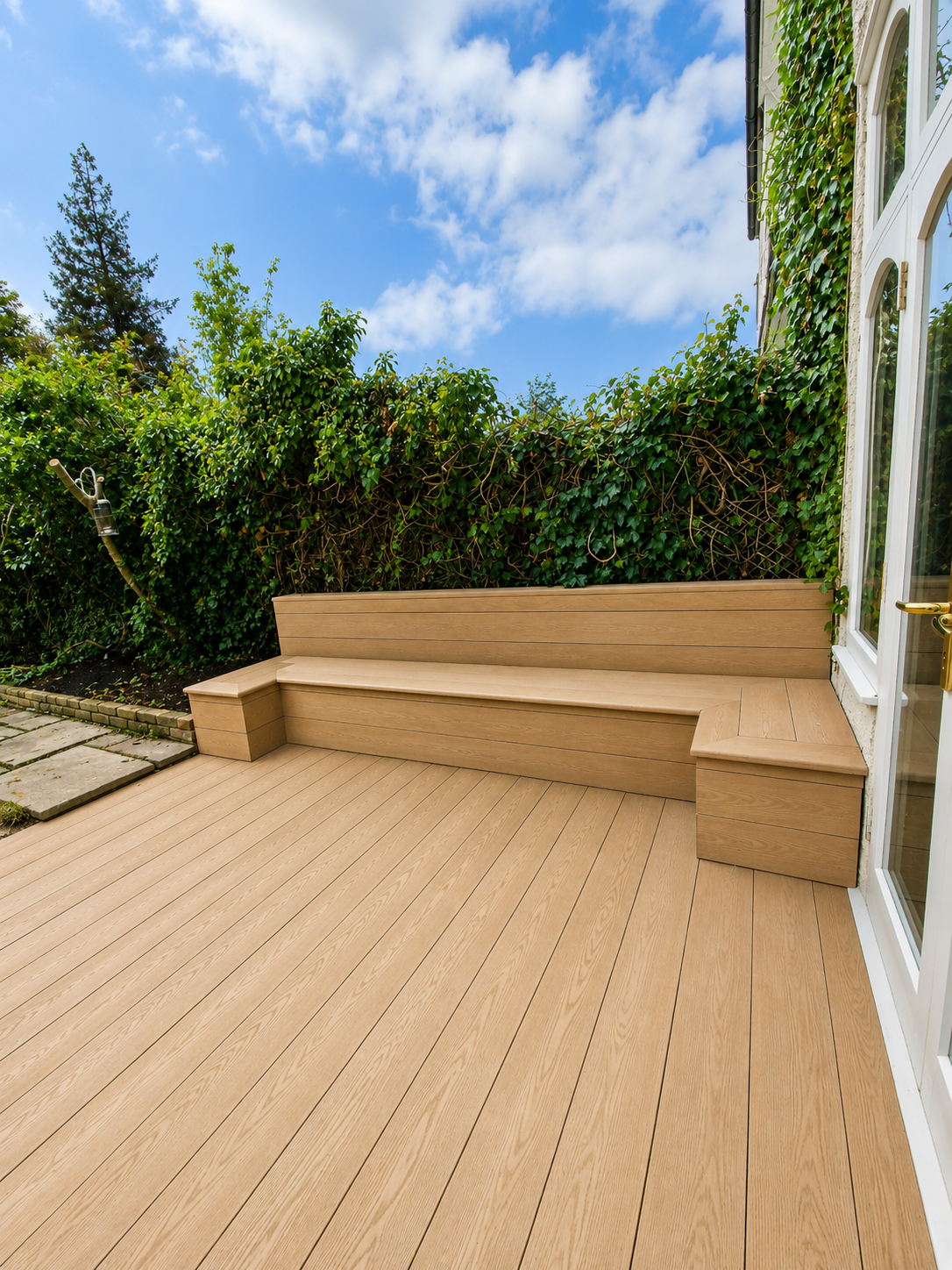 Wooden outdoor deck with built-in bench seating, adjacent to a house with large glass sliding door and surrounded by green foliage and trees under a blue sky with clouds.