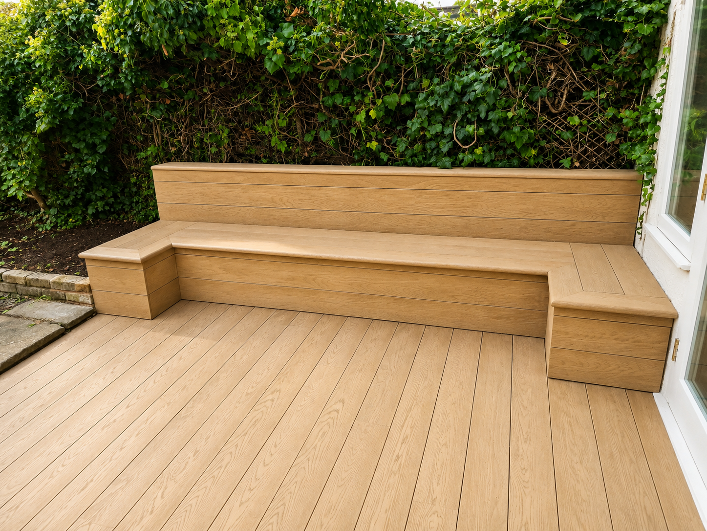 Wooden outdoor bench with backrest and side storage compartments, situated on a wooden deck with green foliage background.