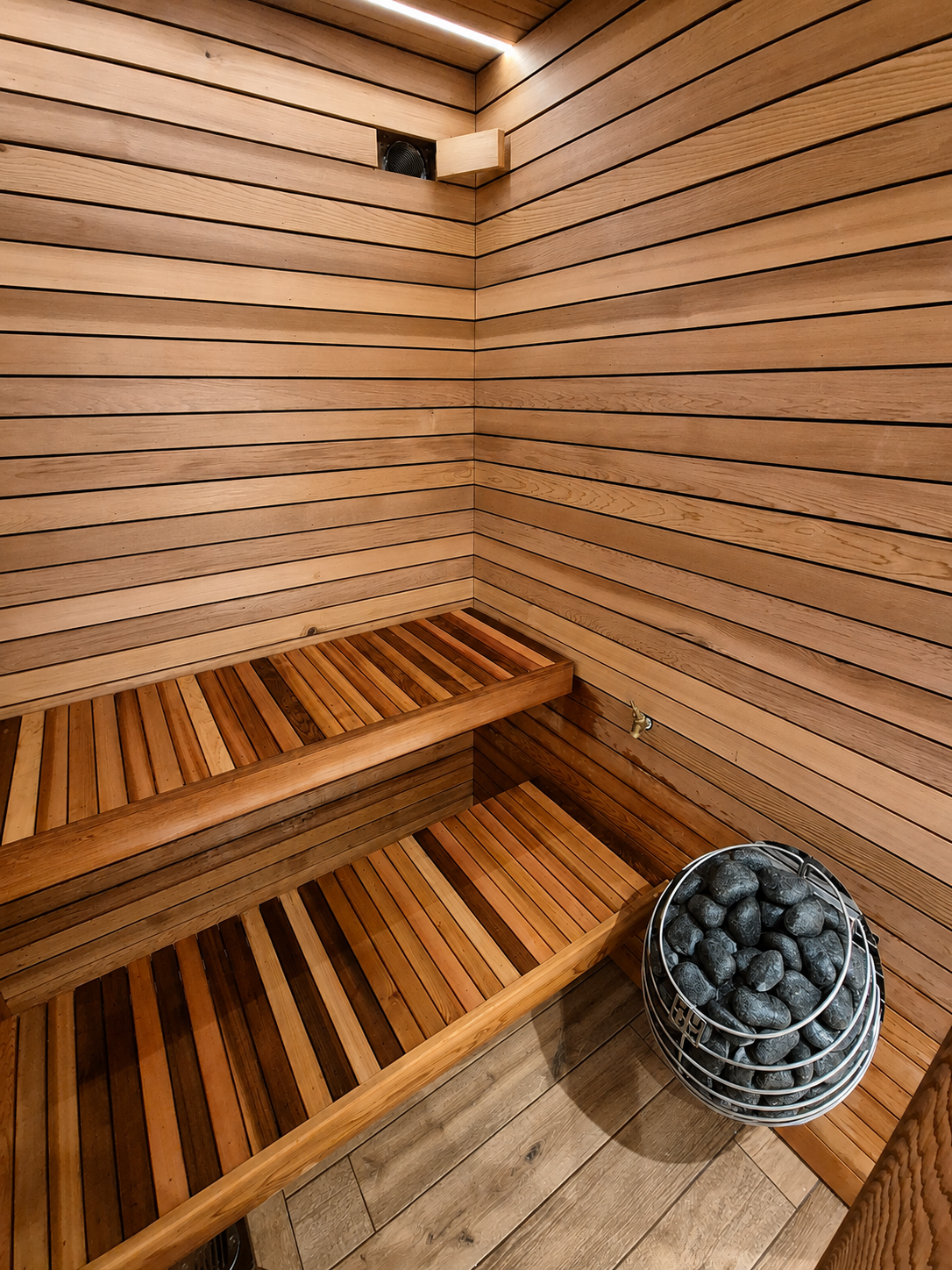 Interior of a wooden sauna with benches and a heater filled with stones.