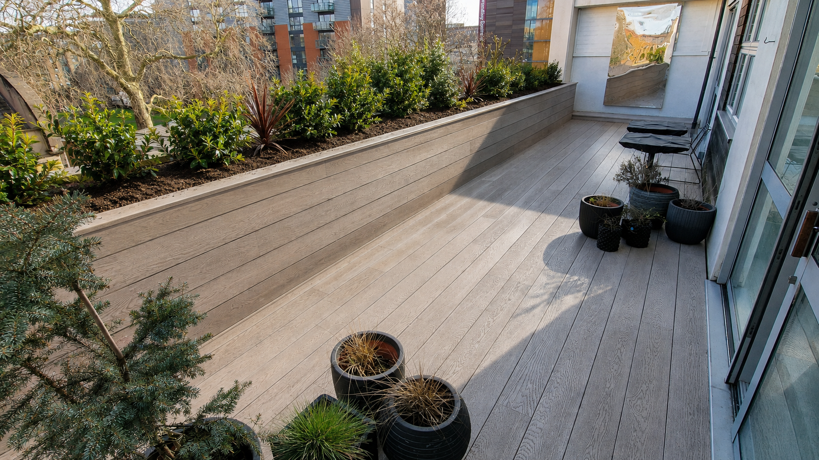 Balcony & Rooftop Decking with Bespoke Limed Oak Millboard Planters – Central London