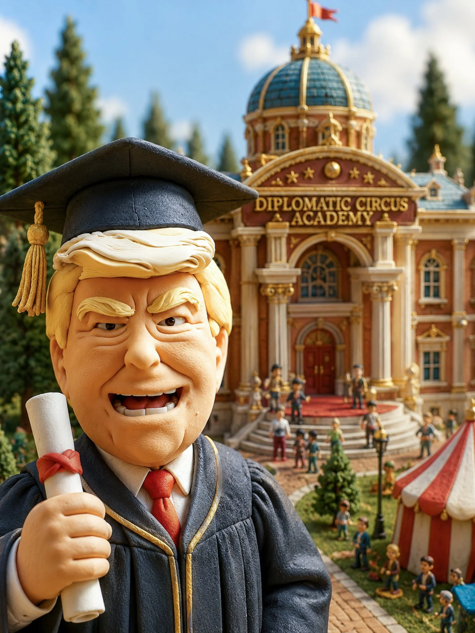A cartoonish statue of a man wearing a judge's wig, black gown, and red tie, holding a gavel, in front of a miniature building labeled 'Diplomatic Circus Academy' with a crowd of miniature people and a red-and-white striped circus tent in the background.