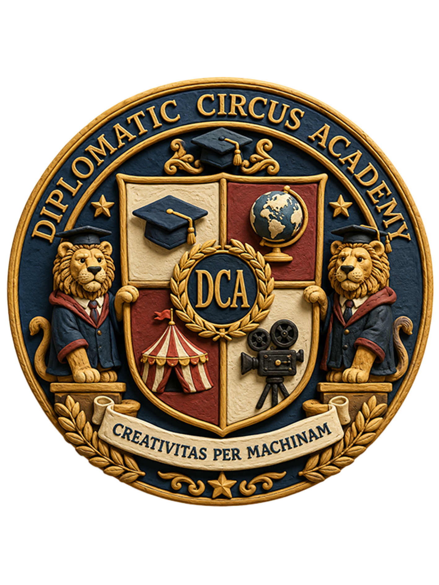 A crest with a lion wearing a graduation cap on each side, a shield with a globe, a graduation cap, and a film camera, surrounded by a laurel wreath, with words 'DIPLOMATIC CIRCUS ACADEMY' and Latin phrase 'CREATIVITAS PER MACHINAM'.