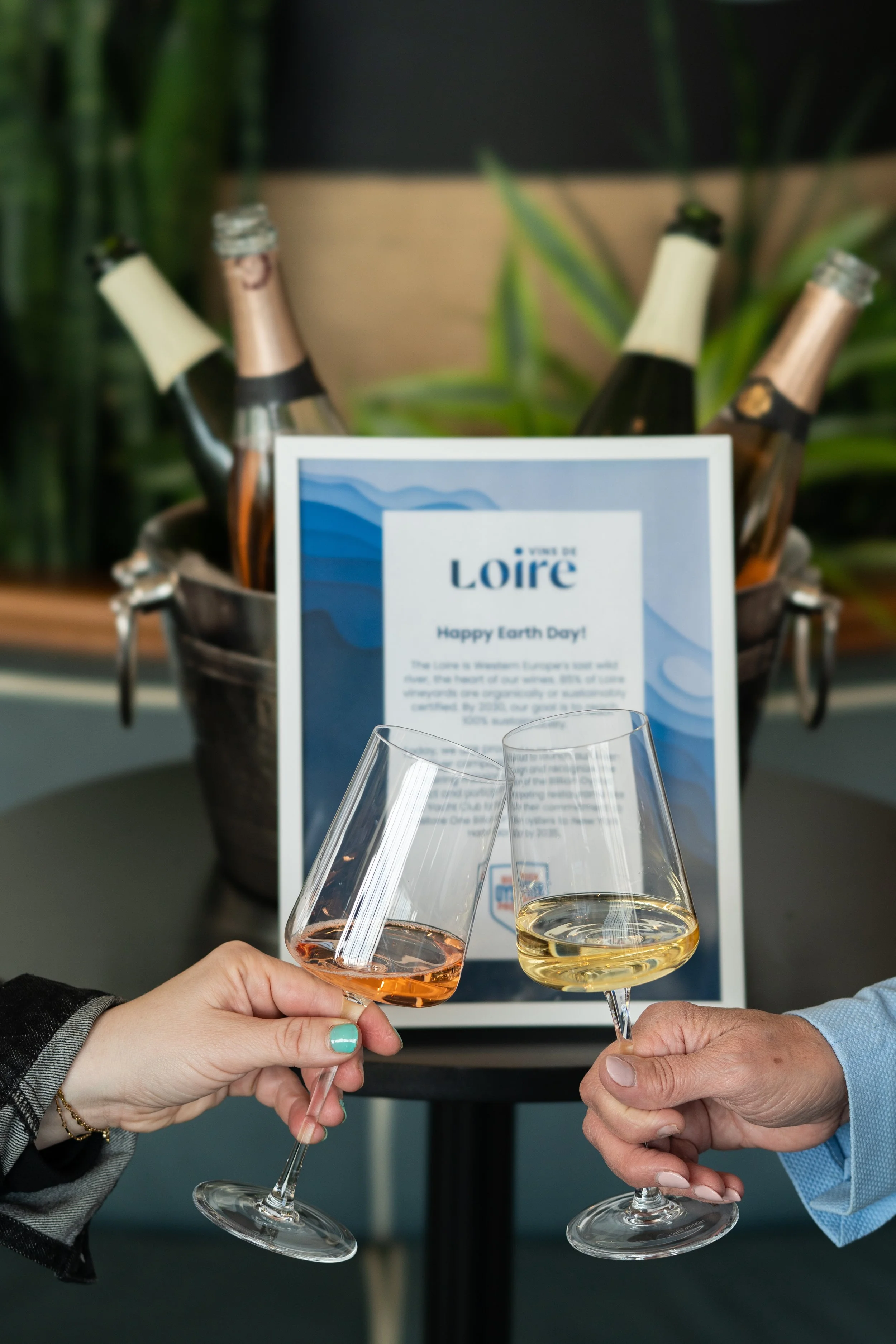 Two people clinking glasses of wine in front of a Loire wine sign.