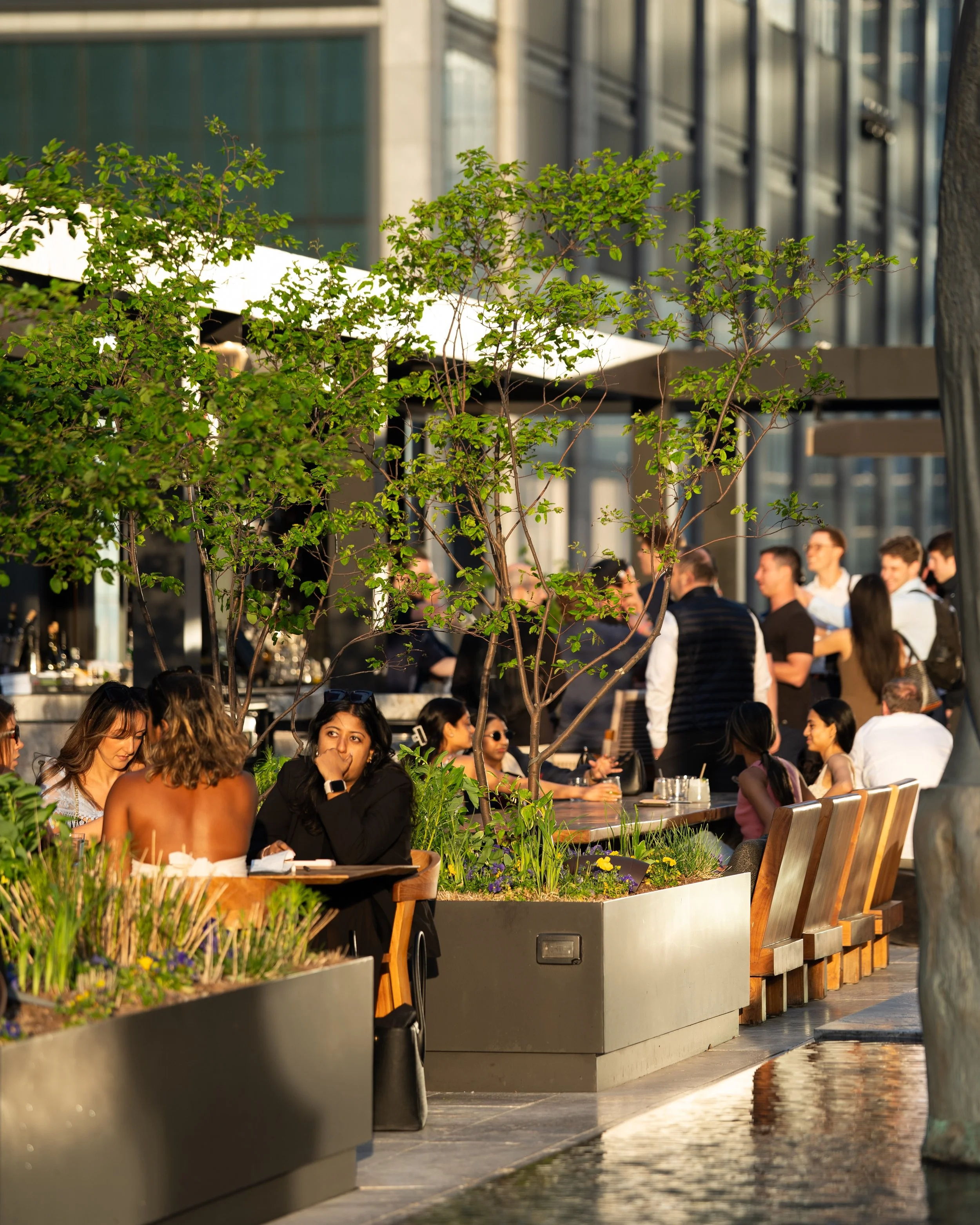 People dining and socializing outdoors at a modern urban patio with potted plants and wooden chairs, with a city building in the background.