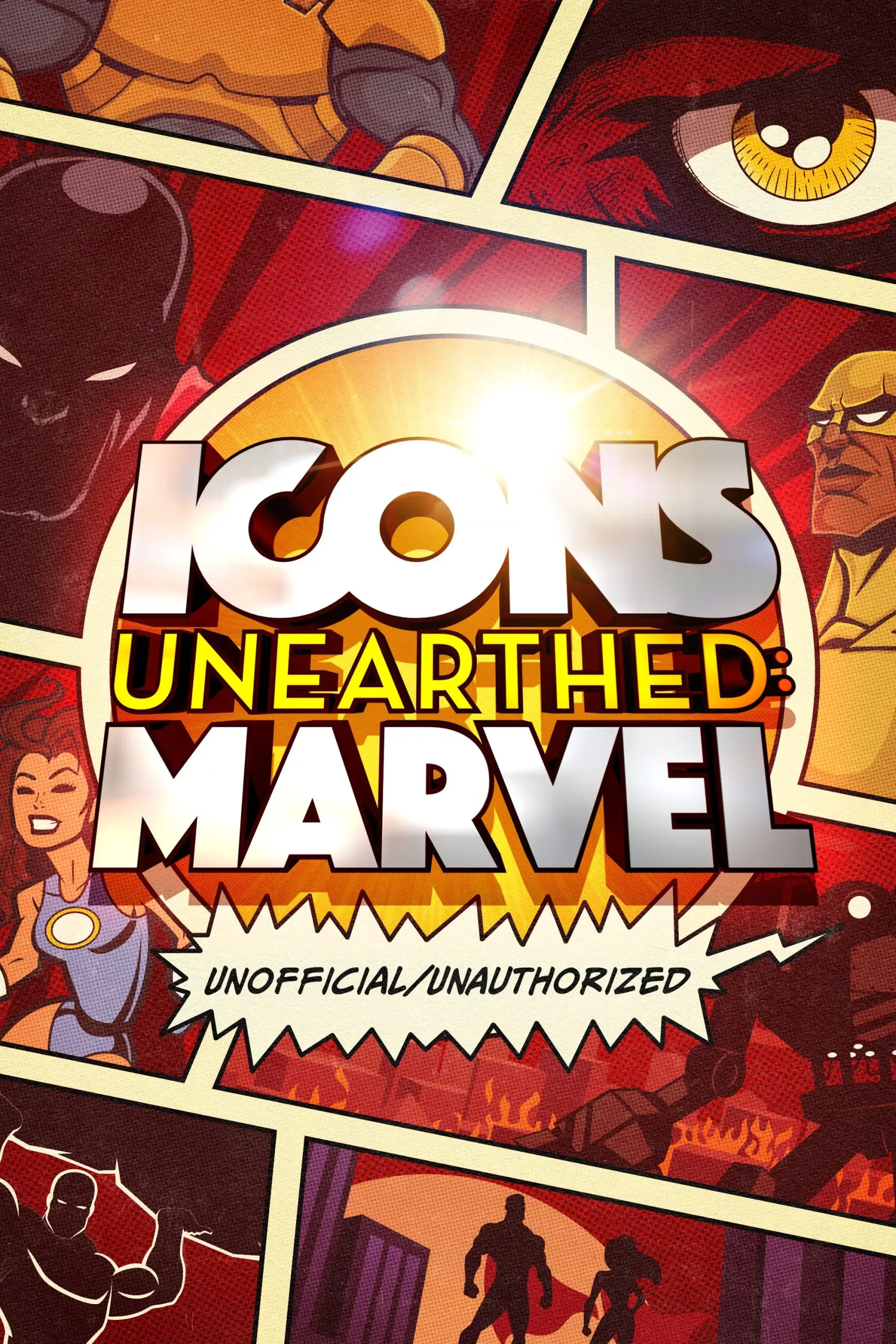 Promotional poster featuring Marvel characters, including Black Panther, Iron Man, Scarlet Witch, and War Machine. The title reads 'ICONS UNEARTHED: MARVEL' styled in bold and colorful fonts with a radiant background.