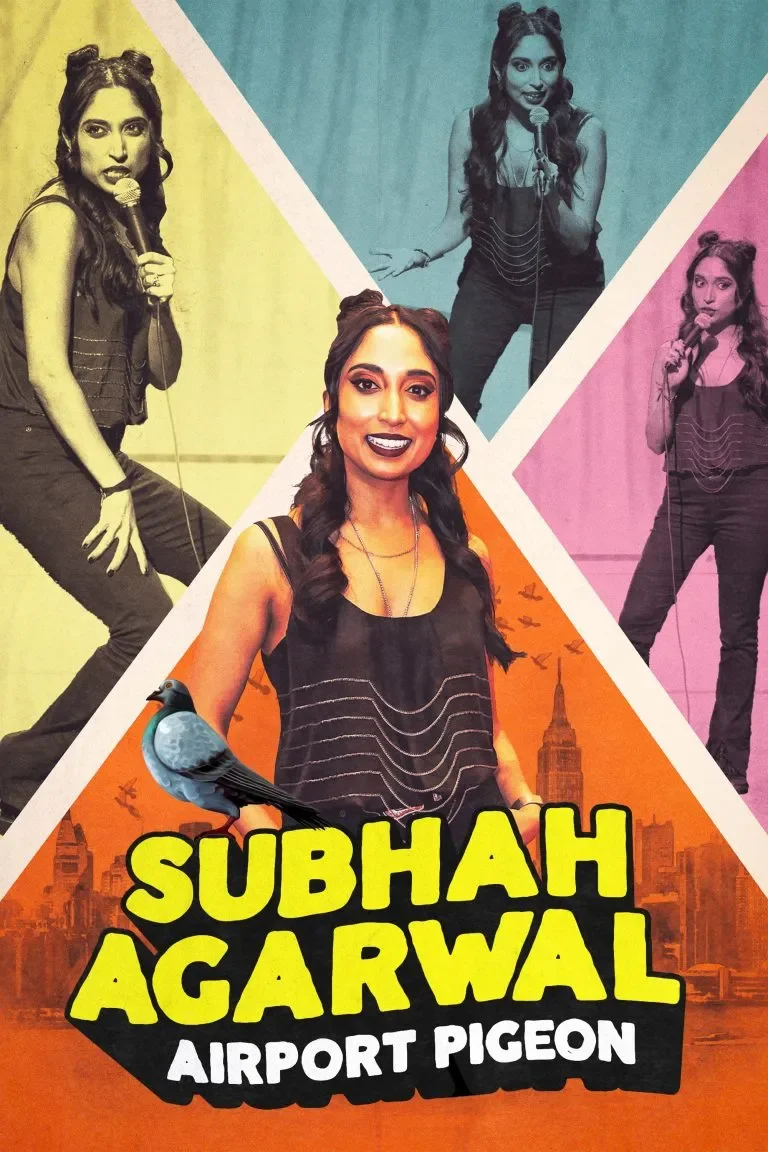 Colorful collage poster of Subhah Agarwal, a stand-up comedian, with a large central photo of her smiling and holding a microphone, surrounded by three smaller images of her performing on stage, featuring an urban cityscape background with the text 'SUBHAH AGARWAL AIRPORT PIGEON' and a pigeon perched on the text.