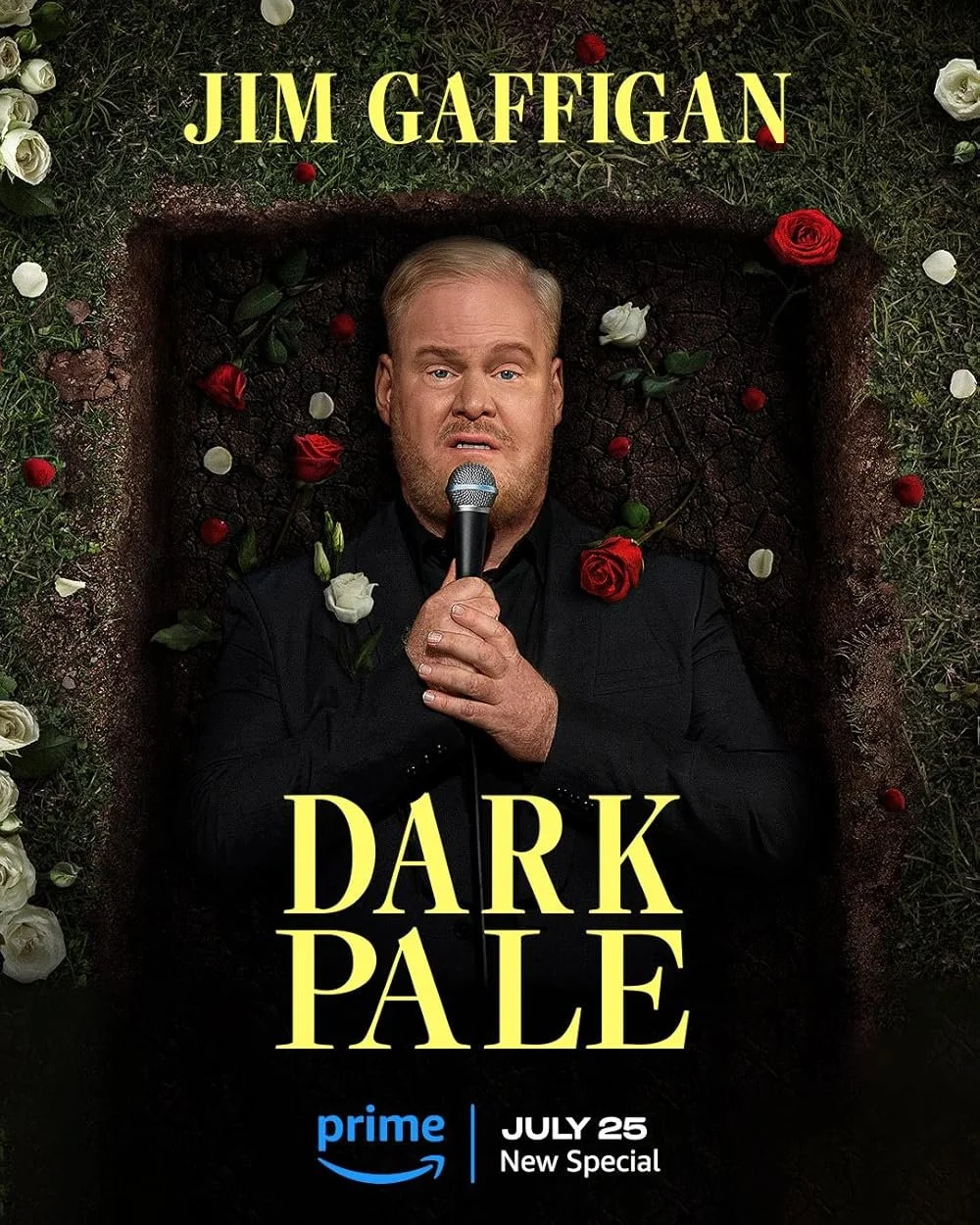 Promotional poster for Jim Gaffigan's comedy special titled 'Dark Pale' airing on Prime Video on July 25. The poster features Jim Gaffigan lying in a coffin decorated with white and red roses, holding a microphone, with a somber expression.