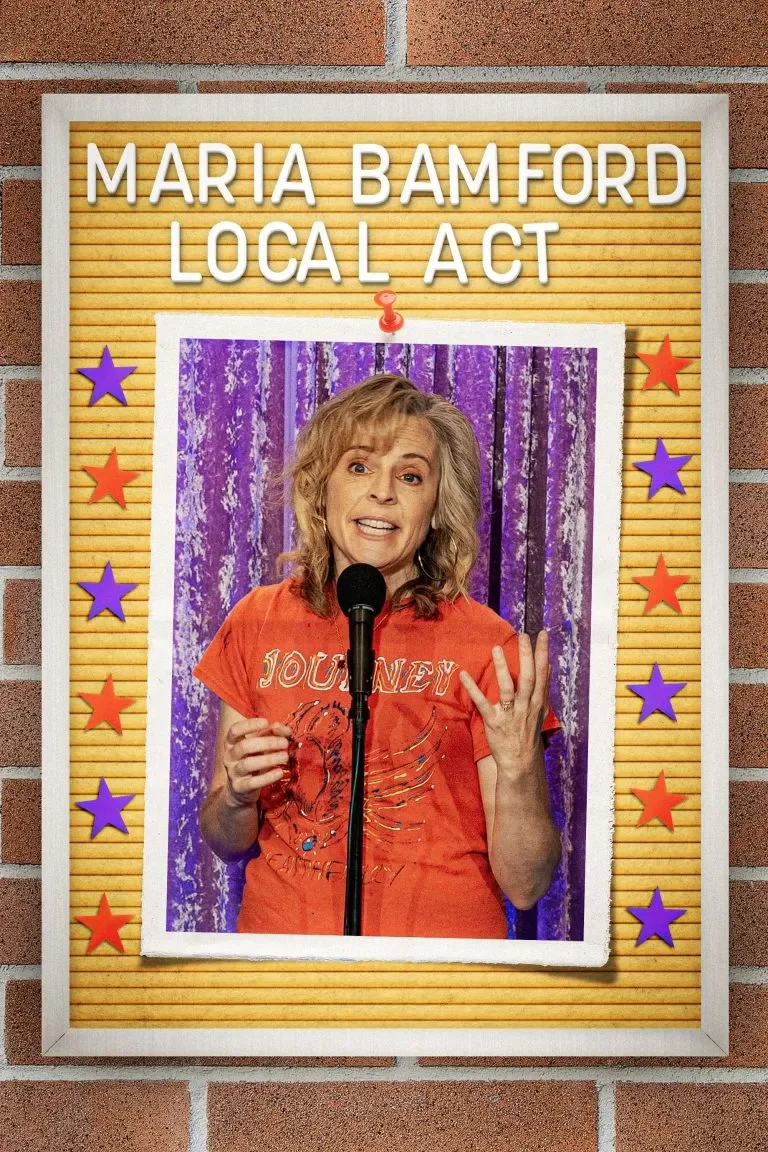 Photo of a woman speaking into a microphone, wearing an orange t-shirt with a design, standing in front of purple curtains. The photo is framed on a bulletin board decorated with purple and orange stars and the text "Maria Bamford Local Act" at the top.