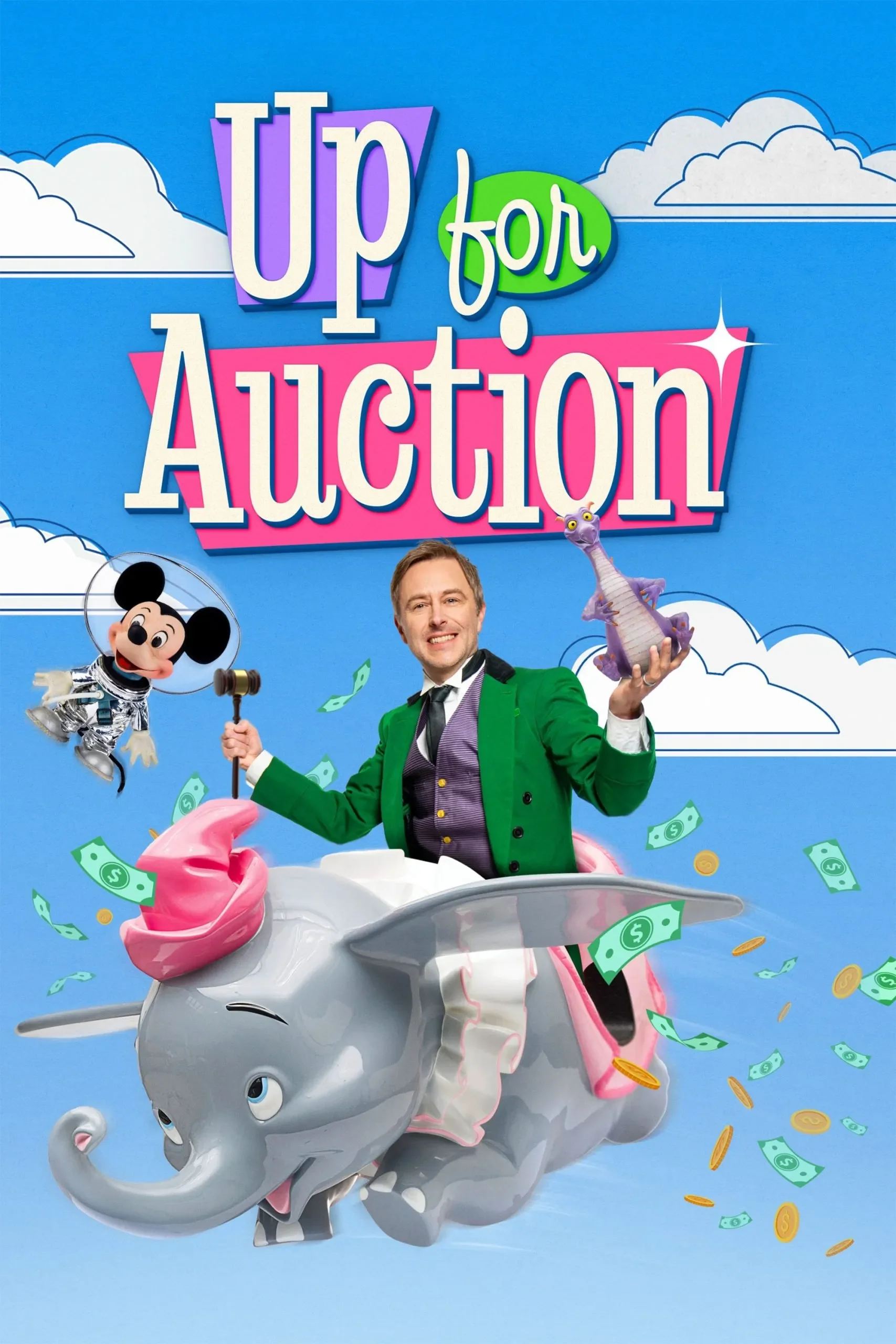 A man in a green jacket, holding a small purple dragon puppet, sitting on a flying cartoon elephant with pink ears and a pink tongue, surrounded by flying dollar bills and coins, against a blue sky with clouds. The image features colorful text that reads 'Up for Auction'.