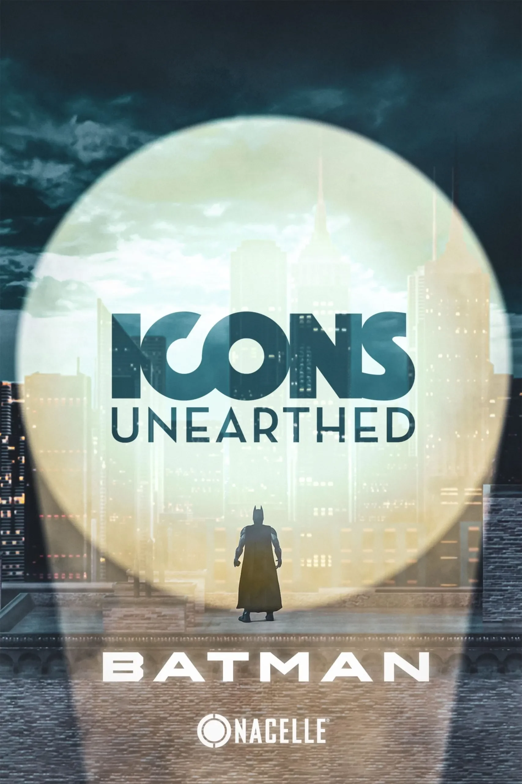 Promotional poster for "Icons Unearthed: Batman." A Batman figure standing on a city street with tall buildings in the background.