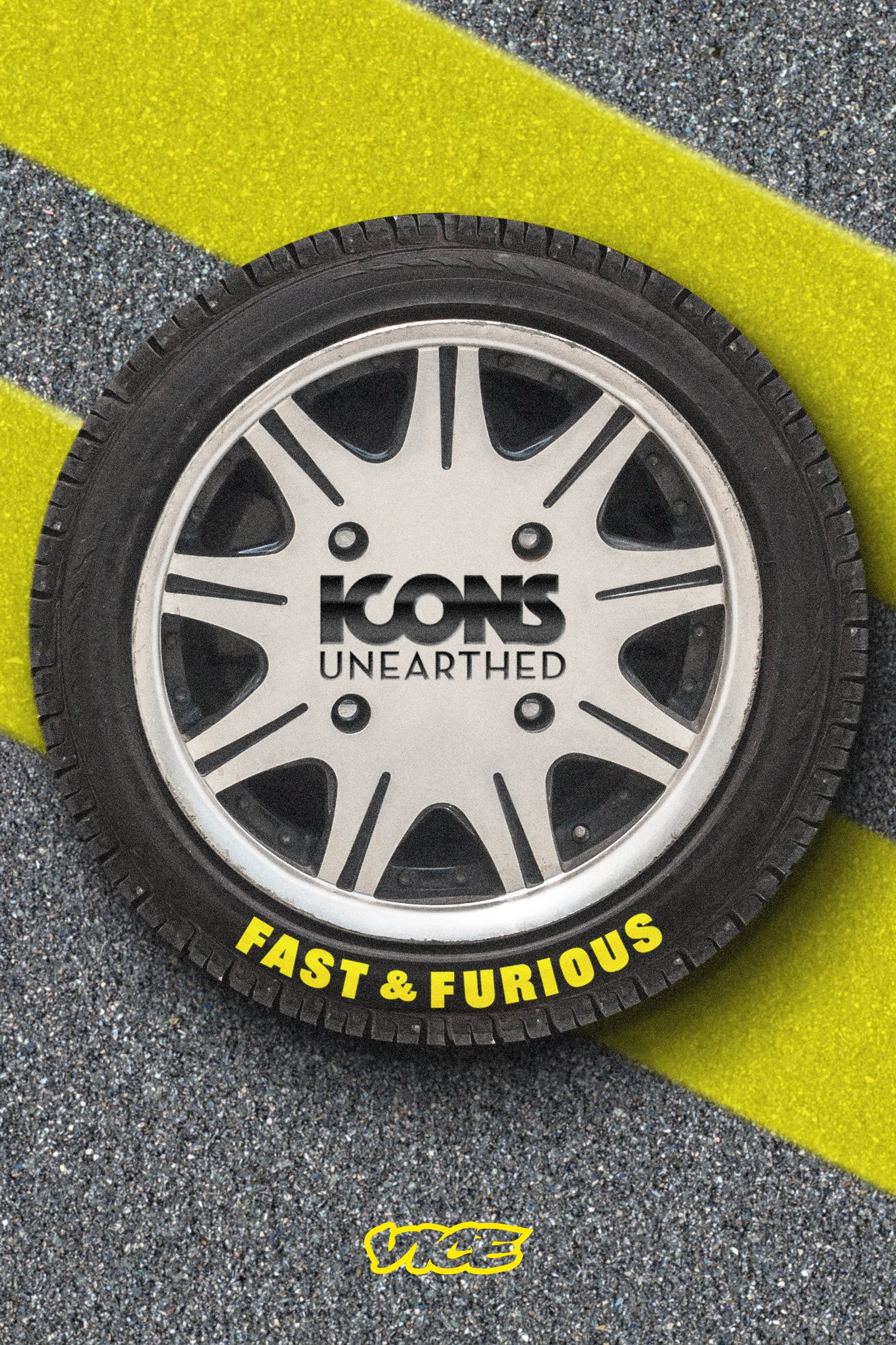 Promotional poster for "Icons Unearthed: Fast and Furious" with close-up of a car wheel with a tire. The background is textured dark gray and yellow.