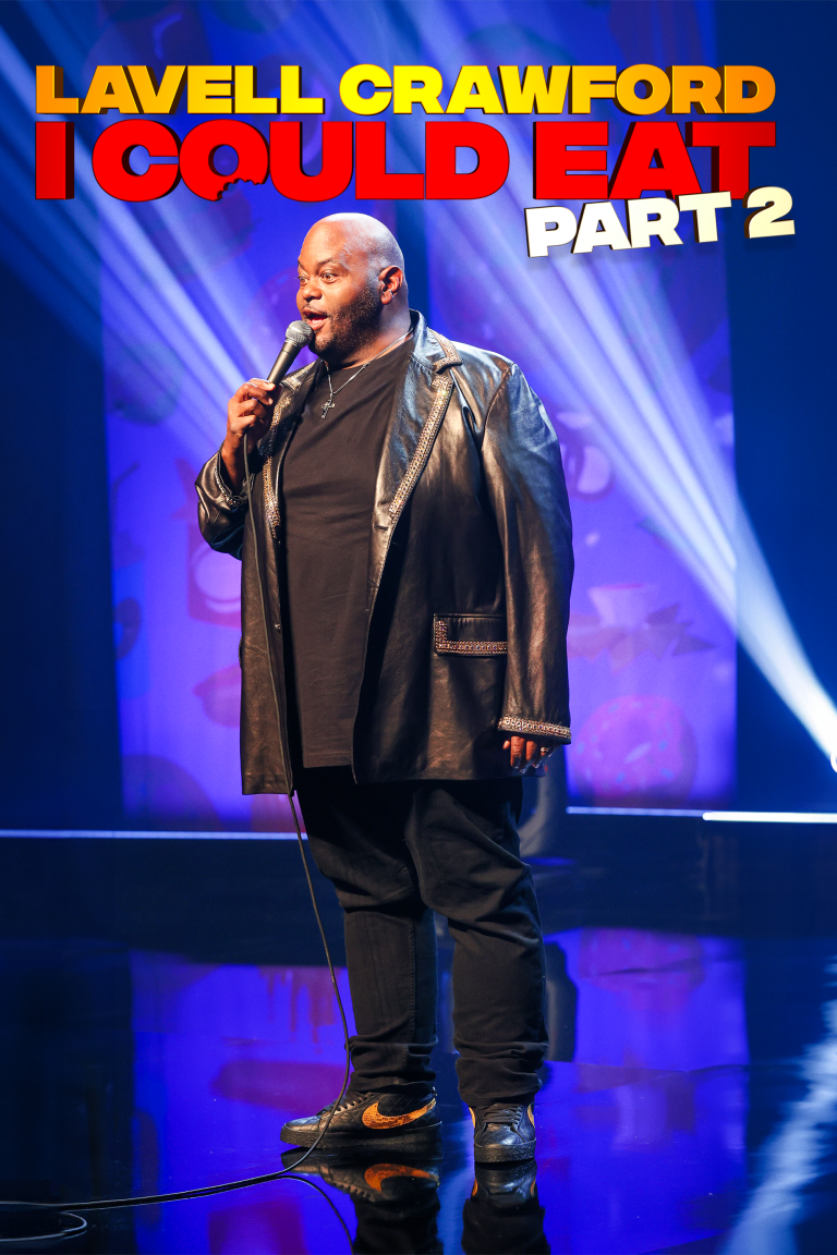A comedian performing on stage holding a microphone, wearing a black leather jacket and black pants, with stage lights and a colorful background behind him. "Lavell Crawford: I Could Eat"