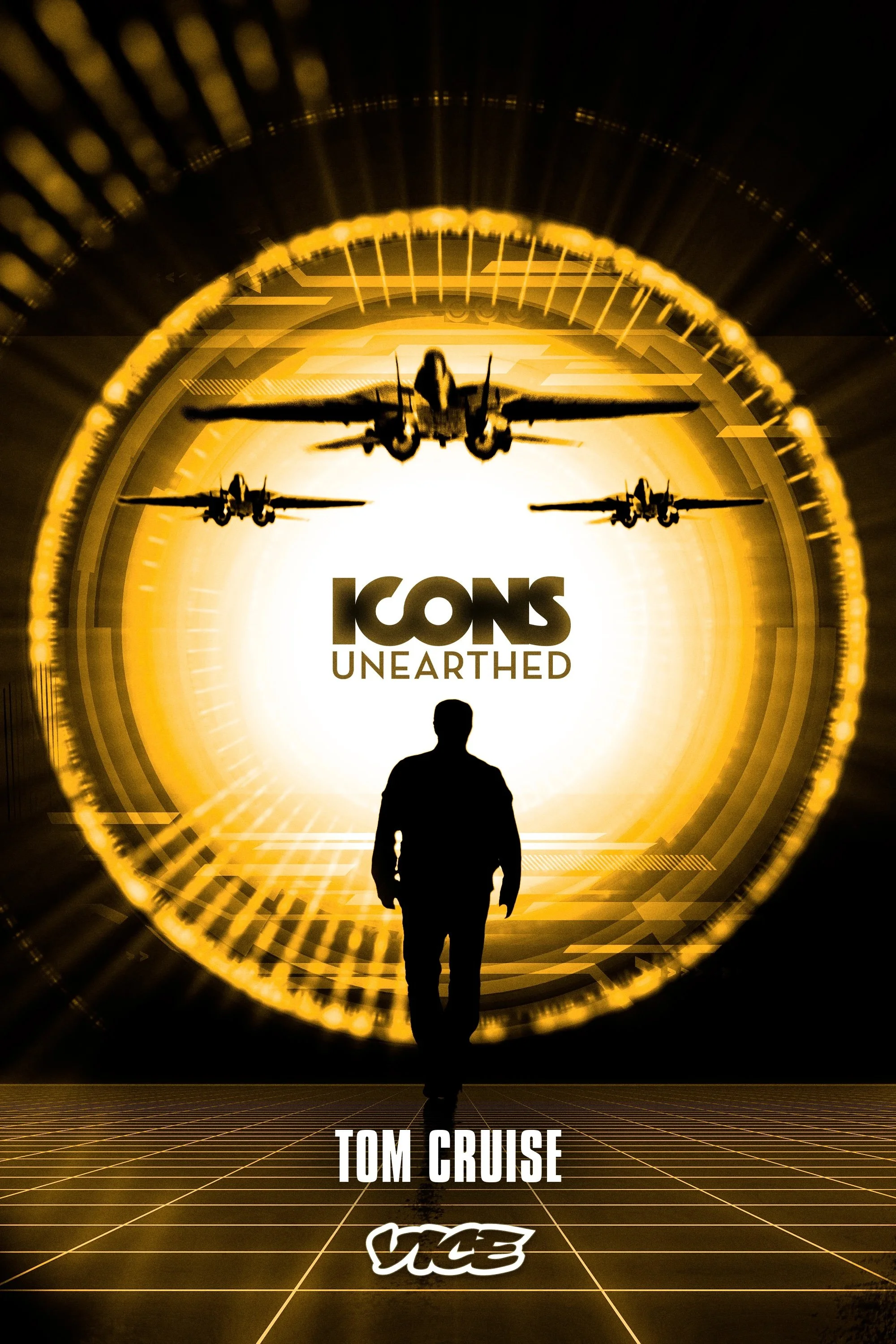 Promotional poster for "Icons Unearthed: Tom Cruise" with a silhouette walking towards a bright, futuristic tunnel with images of fighter jets and digital graphics.