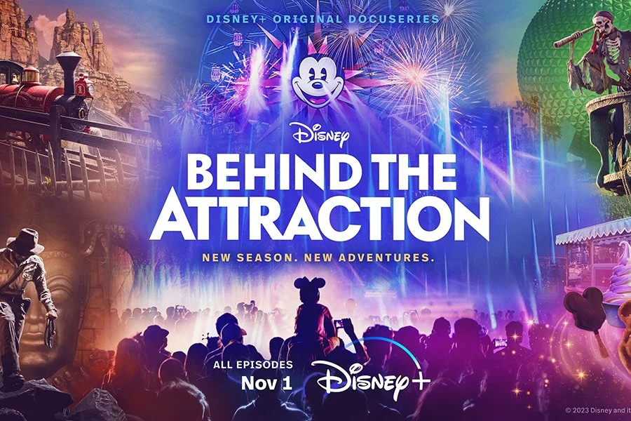 Promotional poster for Disney's 'Behind the Attraction' season 2, featuring a crowd watching a fireworks display at a theme park with rides, characters, and a ferris wheel in the background.