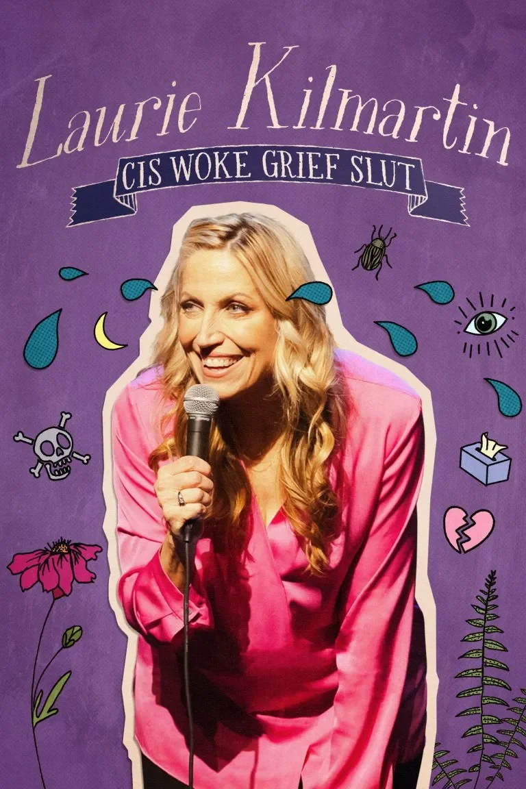 'Laurie Kilmartin Cis Woke Grief Slut' promotional poster on a purple background.