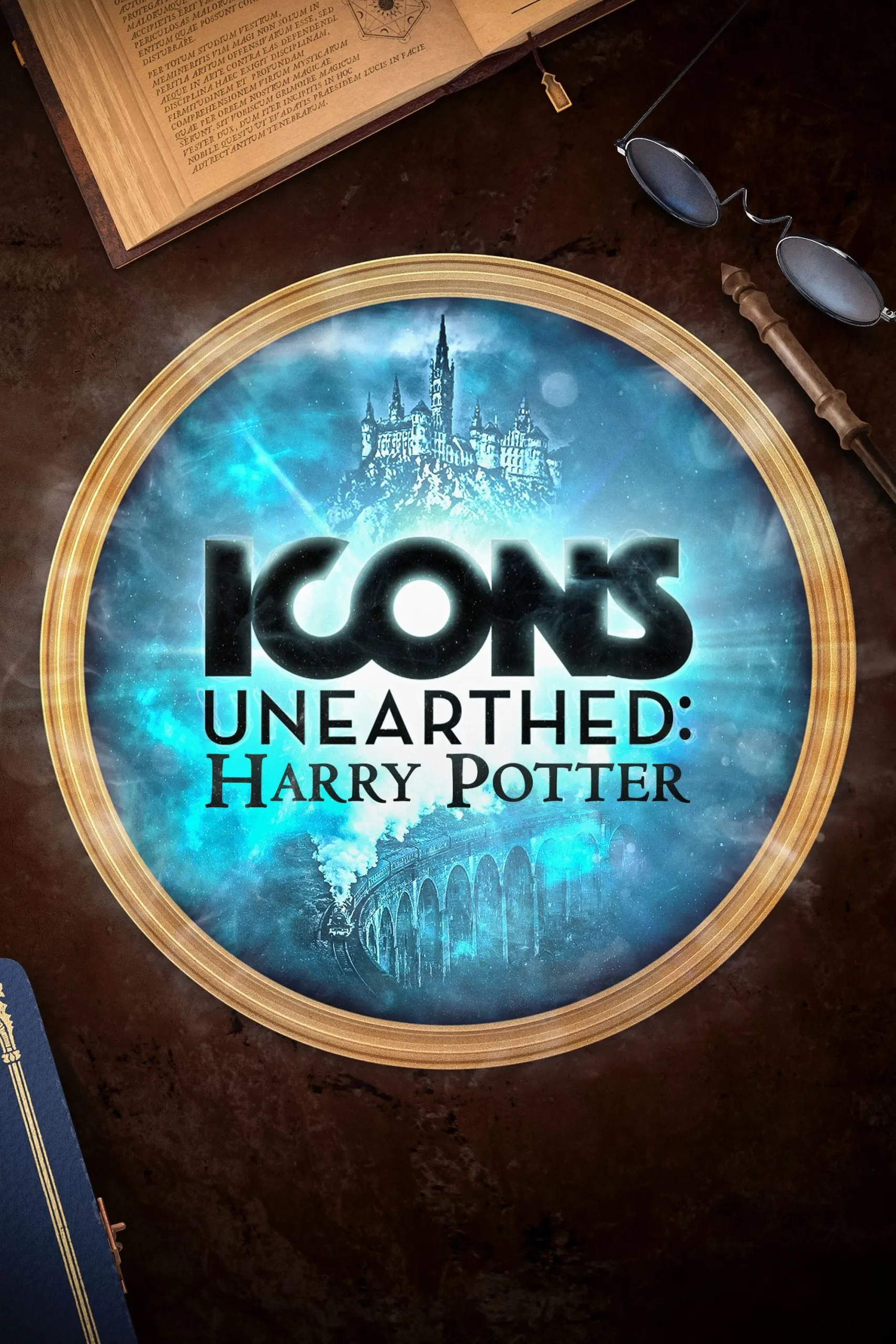 Promotional poster for 'Icons Unearthed: Harry Potter', featuring a depiction of Hogwarts castle and a floating train on a blue, starry background.