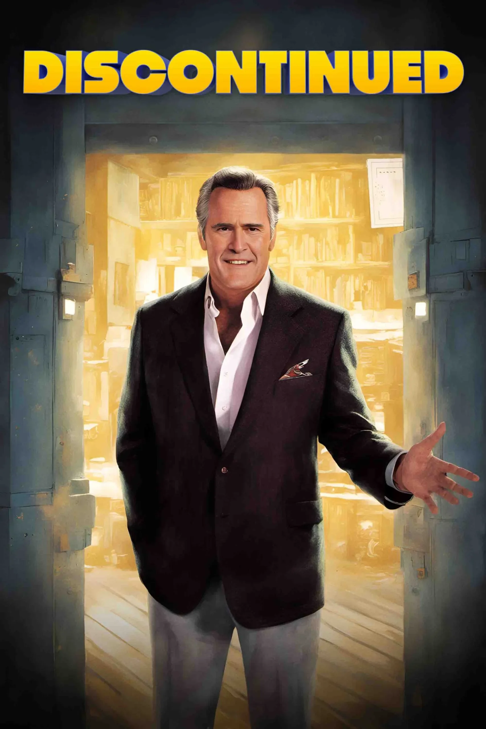 A man stands in front of a doorway with a sign that reads "Discontinued" above it. The man is wearing a dark blazer over a white shirt with a pocket square. The background appears to be an indoor space with bookshelves and warm lighting.
