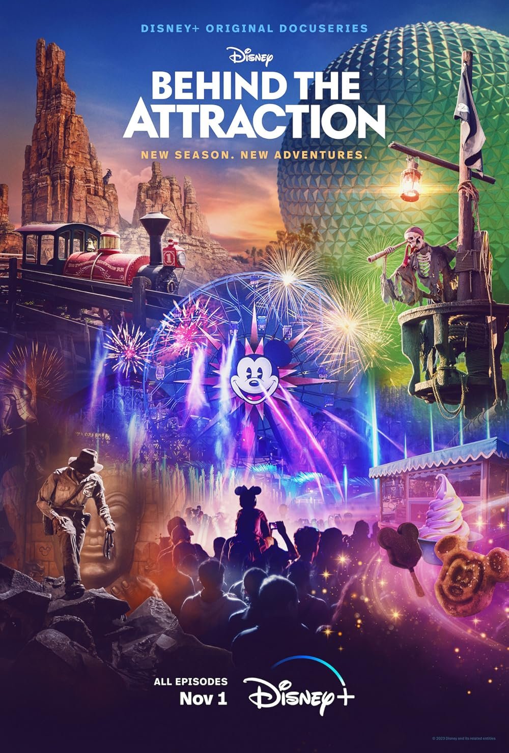 Promotional poster for Disney+'s 'Behind the Attraction' showing various Disney theme park attractions, fireworks, and crowds, with the Disney logo and release date