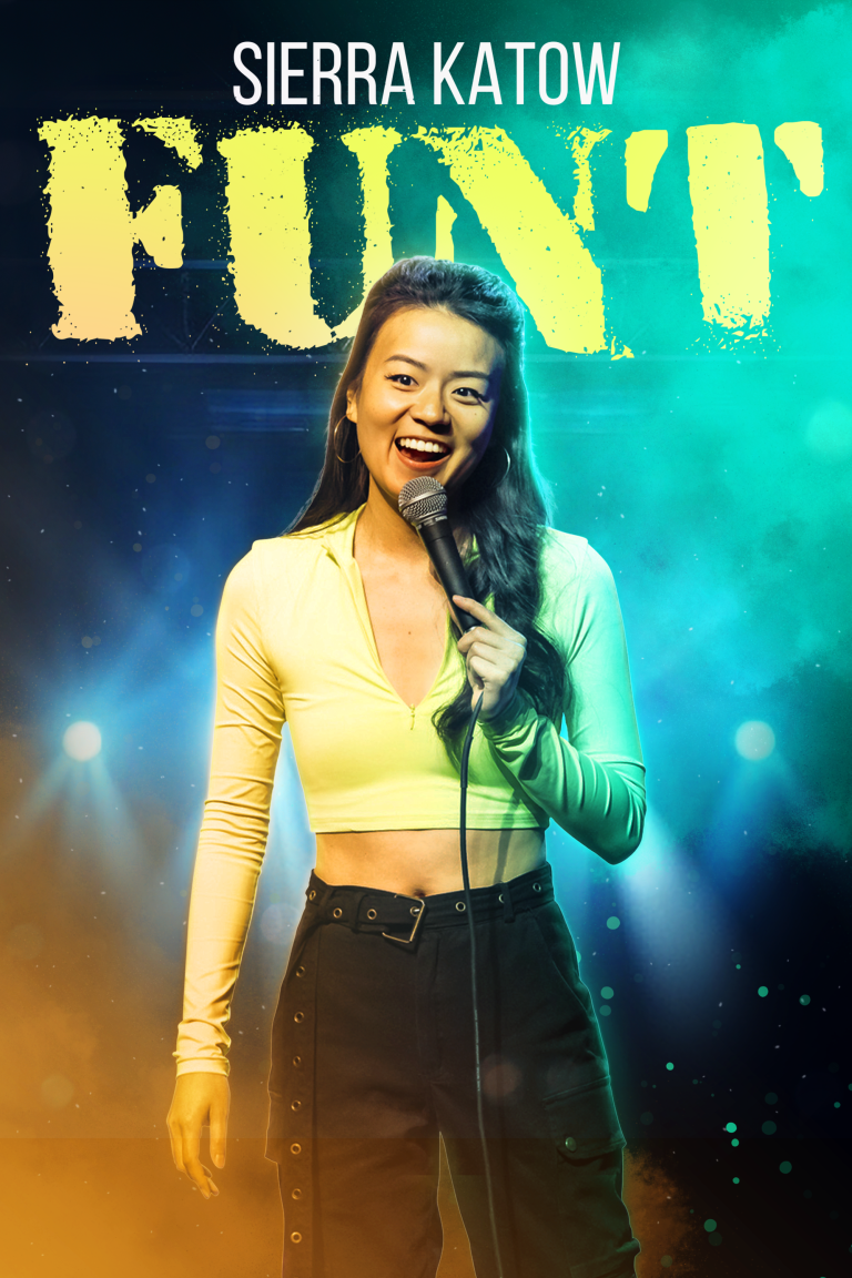 A woman with long dark hair, wearing a yellow crop top and black pants, is performing stand-up comedy on stage. She is holding a microphone and smiling. "Sierra Katow: FUNT"