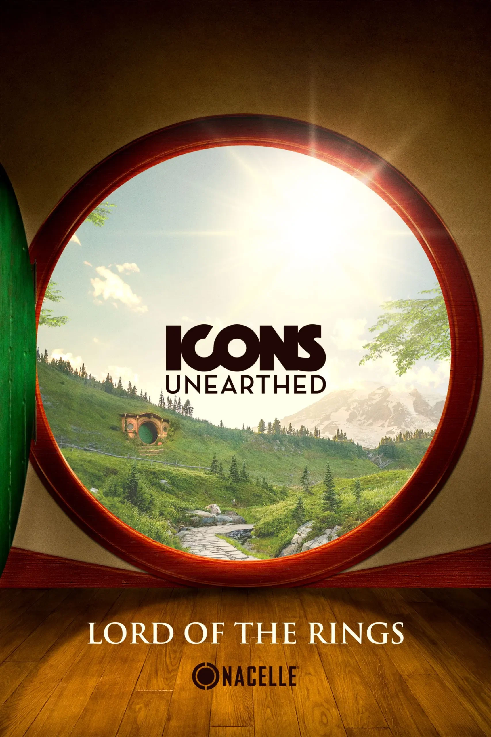 Promotional poster for "Icons Unearthed: Lord of the Rings" with a scenic mountain and valley view through a circular window, featuring green hills, a stone tunnel, a river, trees, and snow-capped mountains in the background.