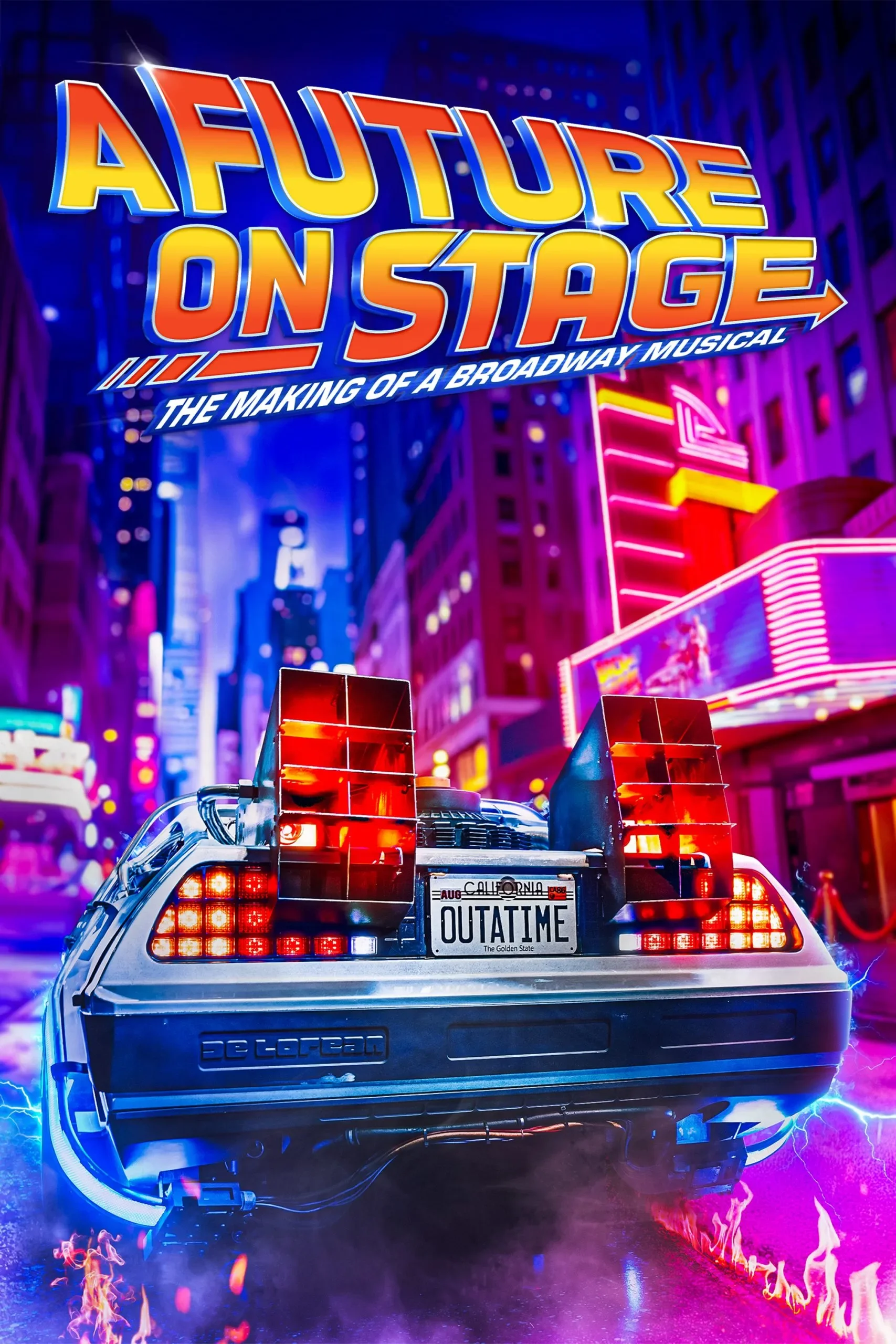 The back of the DeLorean time machine from the movie 'Back to the Future,' with neon lights, lightning effects, and a city street scene at night. "A Future On Stage"