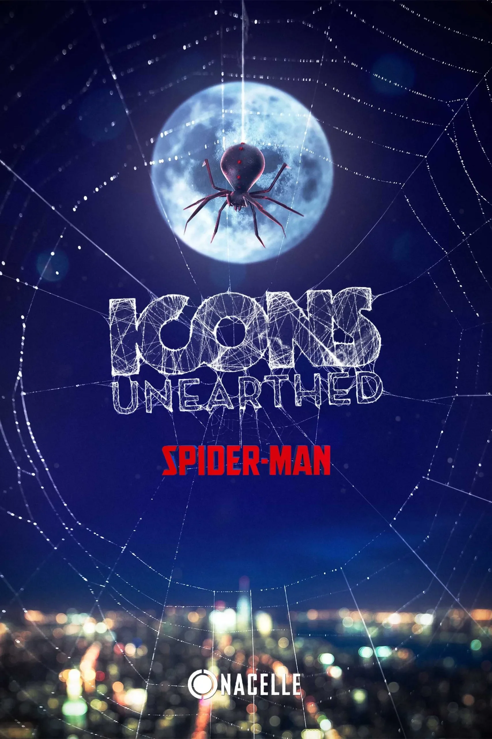 A promotional poster for "Icons Unearthed: Spider-Man" featuring a spider with red eyes hanging from a web in front of a bright full moon, with the title in web-like text and the Sony logo at the bottom.