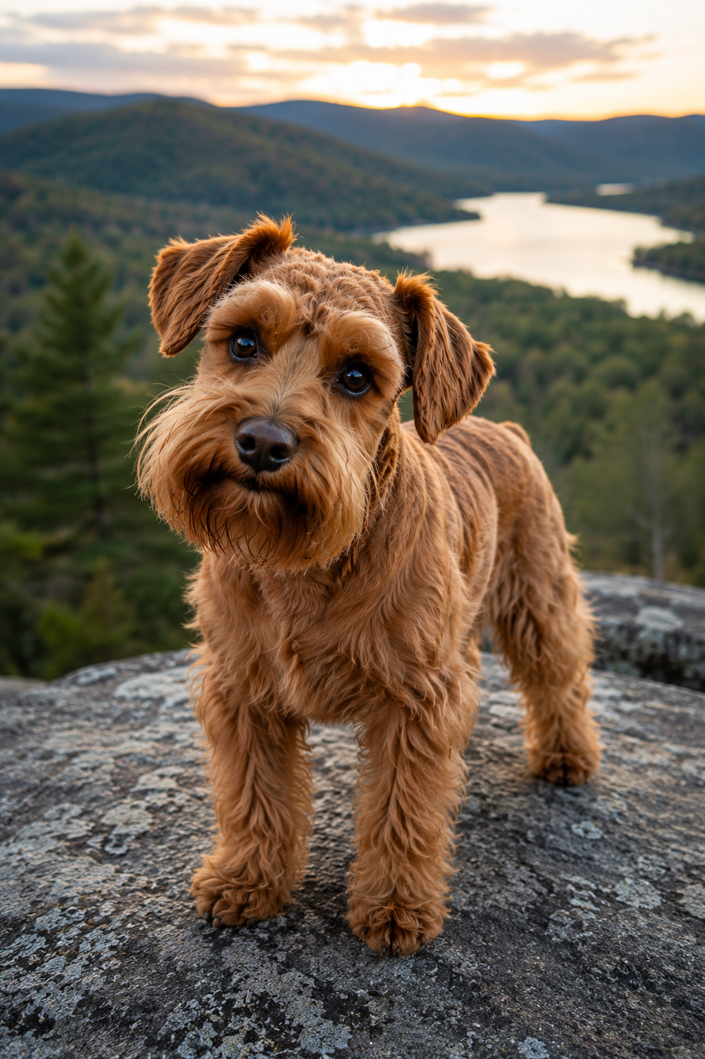A close-up of a miniature schnauzer standing on a large rock, with a scenic mountain landscape and river in the background at sunset.