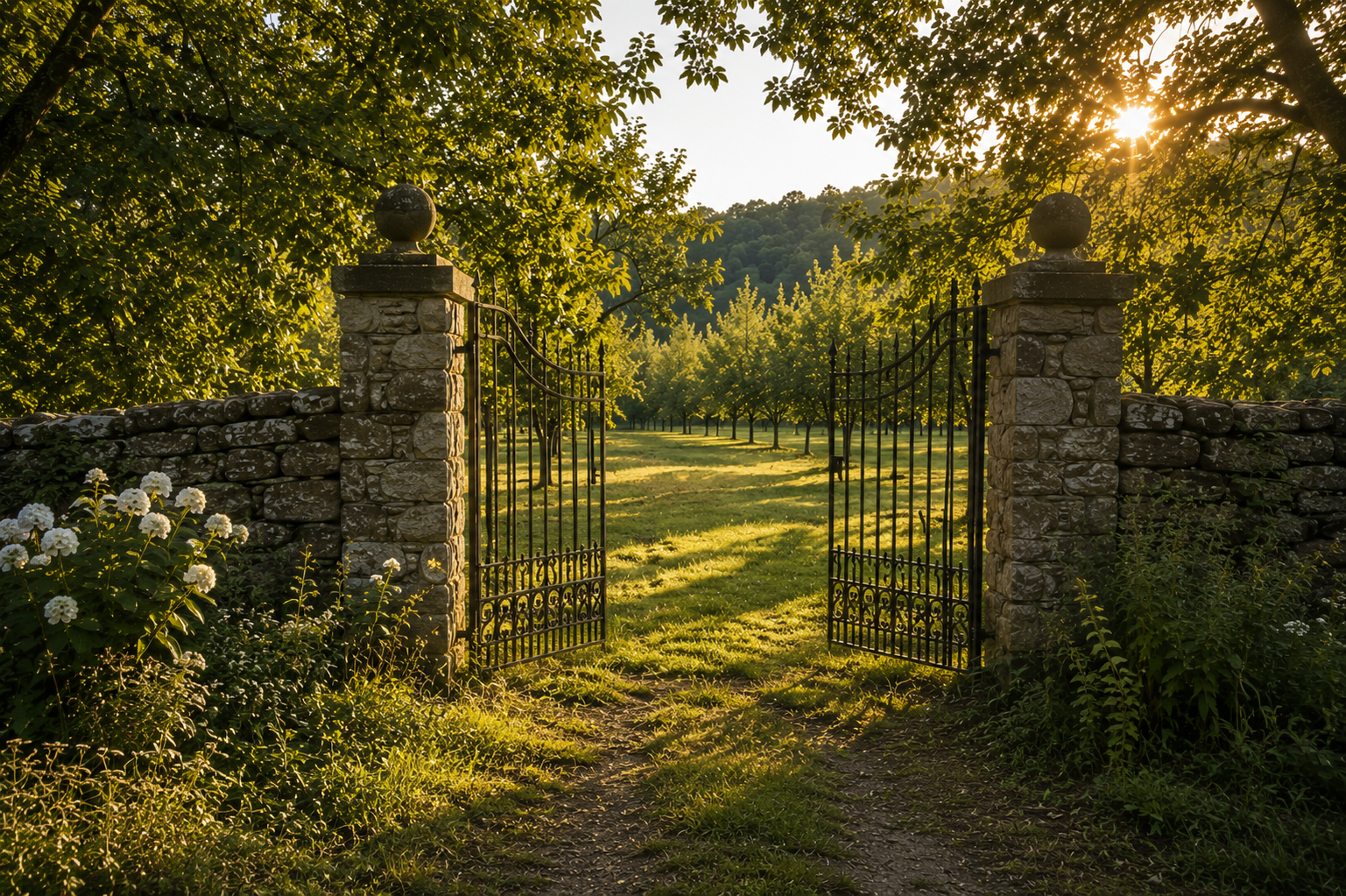 Open gate leading to a Southern orchard symbolizing welcome, stewardship, and new beginnings.