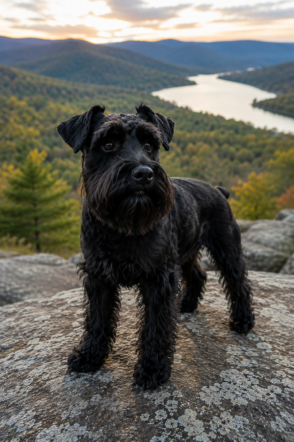 Black Miniature Schnauzer companion dog enjoying a scenic mountain vista.
