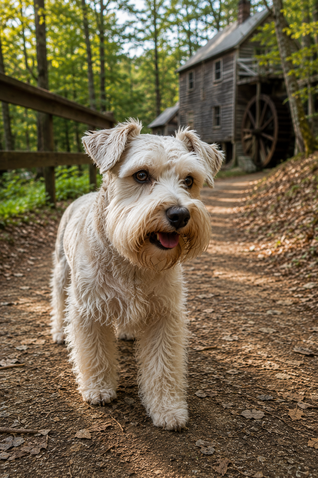 A creme Miniature Schnauzer dog with tan patches on a dirt path in a forest with green leaves, an old wooden mill in the background.