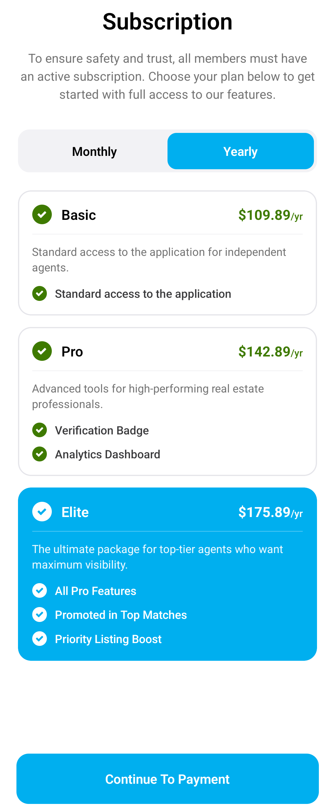 Subscription plan options including Basic, Pro, and Elite with features and prices listed.