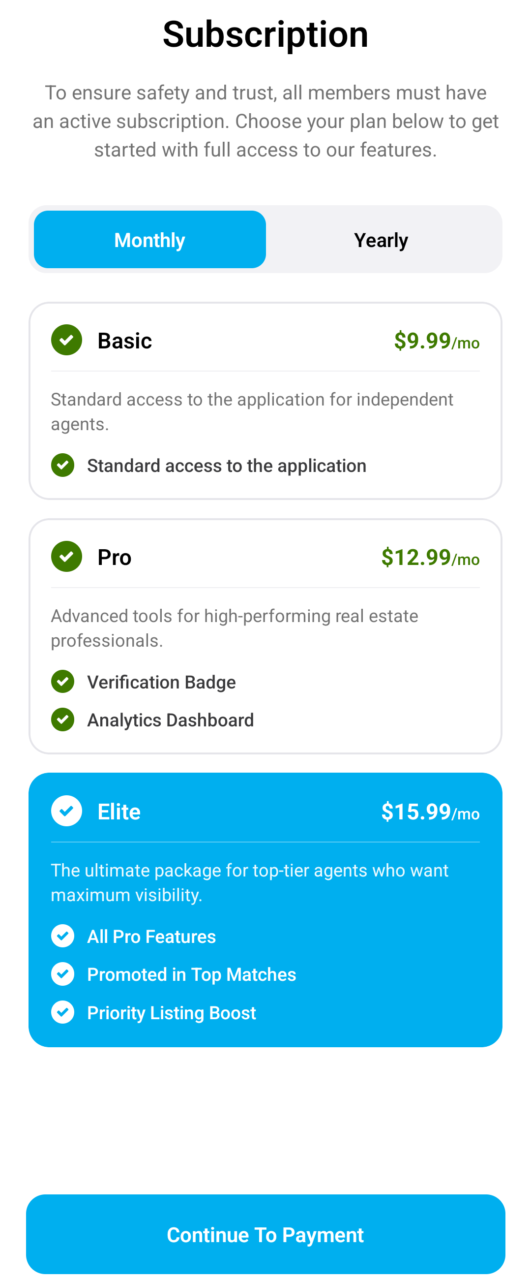 Subscription plans webpage showing monthly and yearly options with pricing for Basic, Pro, and Elite packages, featuring various tools and benefits, and a 'Continue to Payment' button.